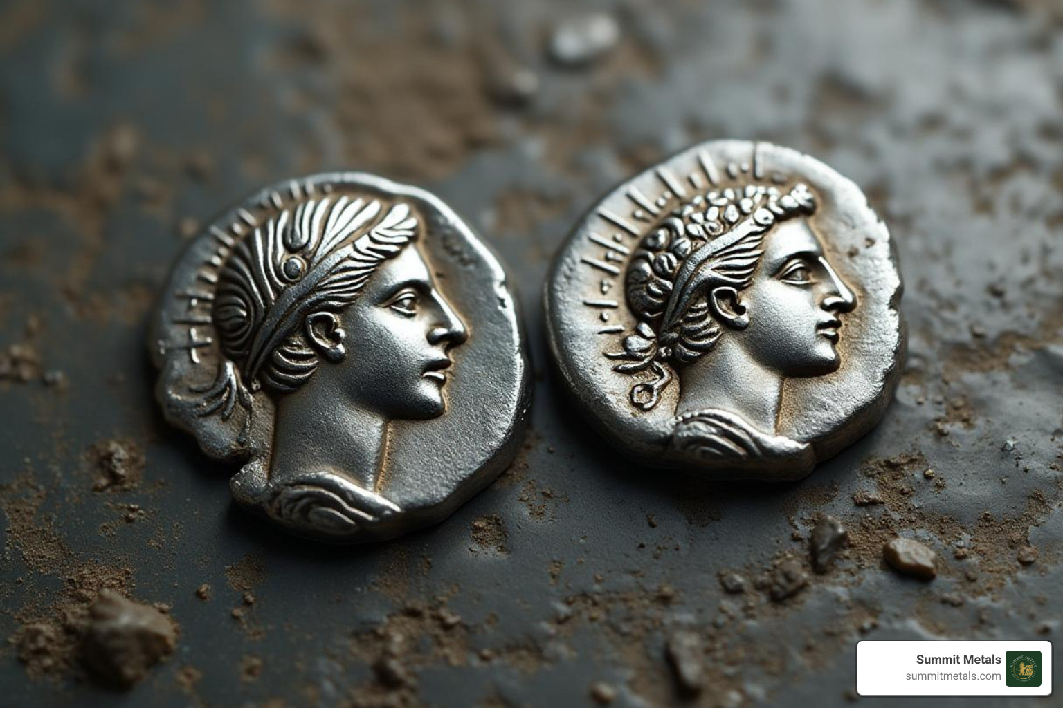 ancient silver coins like a Greek drachma or Roman denarius - Precious silver metals