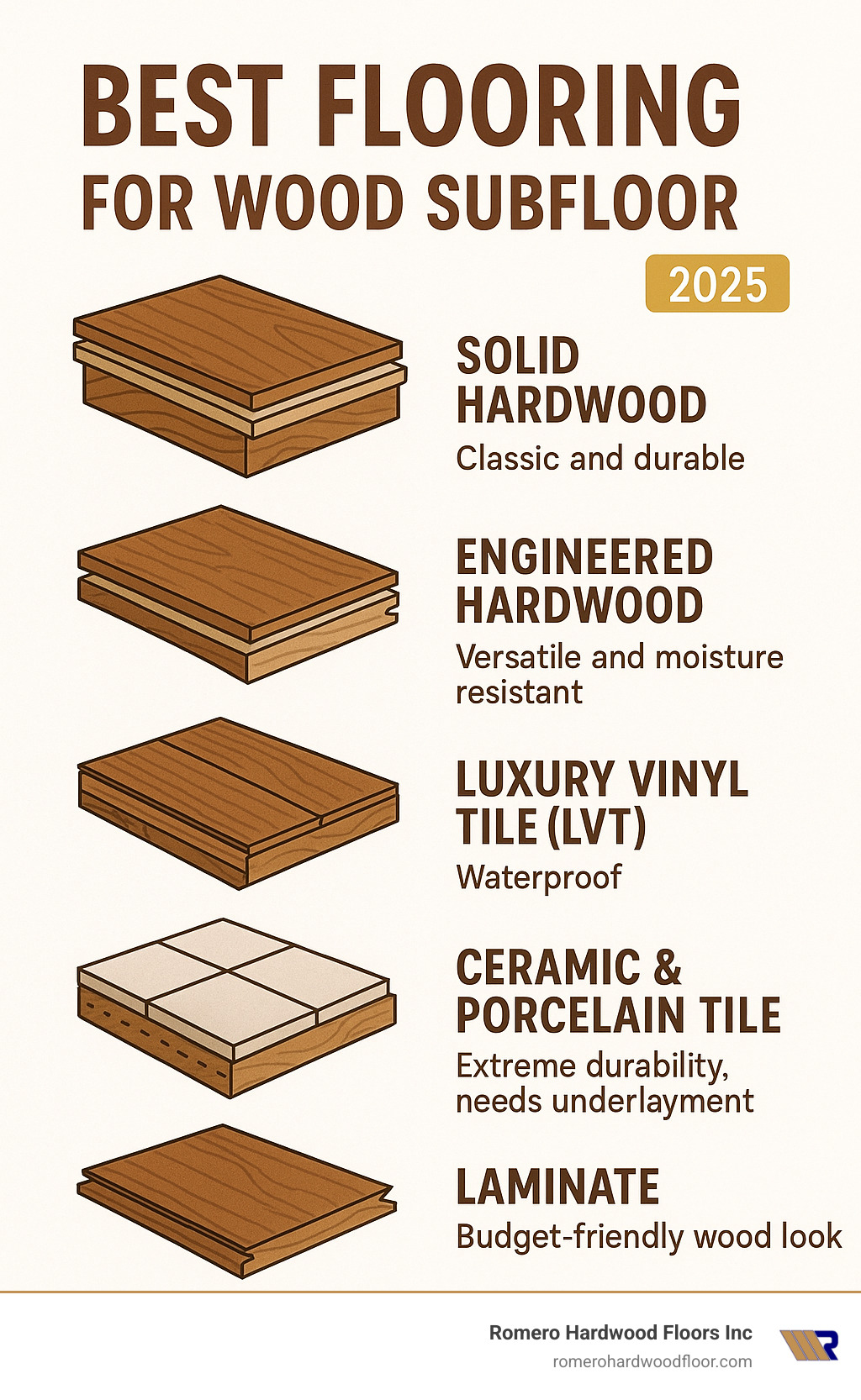 Infographic showing suitable flooring types for wood subfloors, including Solid Hardwood for classic durability, Engineered Hardwood for versatility and moisture resistance, Luxury Vinyl Tile (LVT) for waterproof areas, Ceramic and Porcelain Tile for extreme durability with proper underlayment, and Laminate for budget-friendly wood aesthetics. - best flooring for wood subfloor infographic Infographic showing suitable flooring types for wood subfloors, including Solid Hardwood for classic durability, Engineered Hardwood for versatility and moisture resistance, Luxury Vinyl Tile (LVT) for waterproof areas, Ceramic and Porcelain Tile for extreme durability with proper underlayment, and Laminate for budget-friendly wood aesthetics. - best flooring for wood subfloor infographic