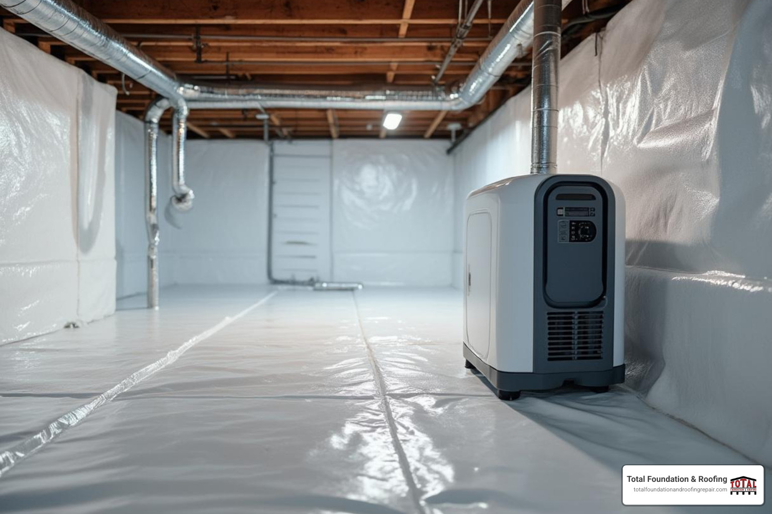encapsulated crawl space with a dehumidifier - foundation services