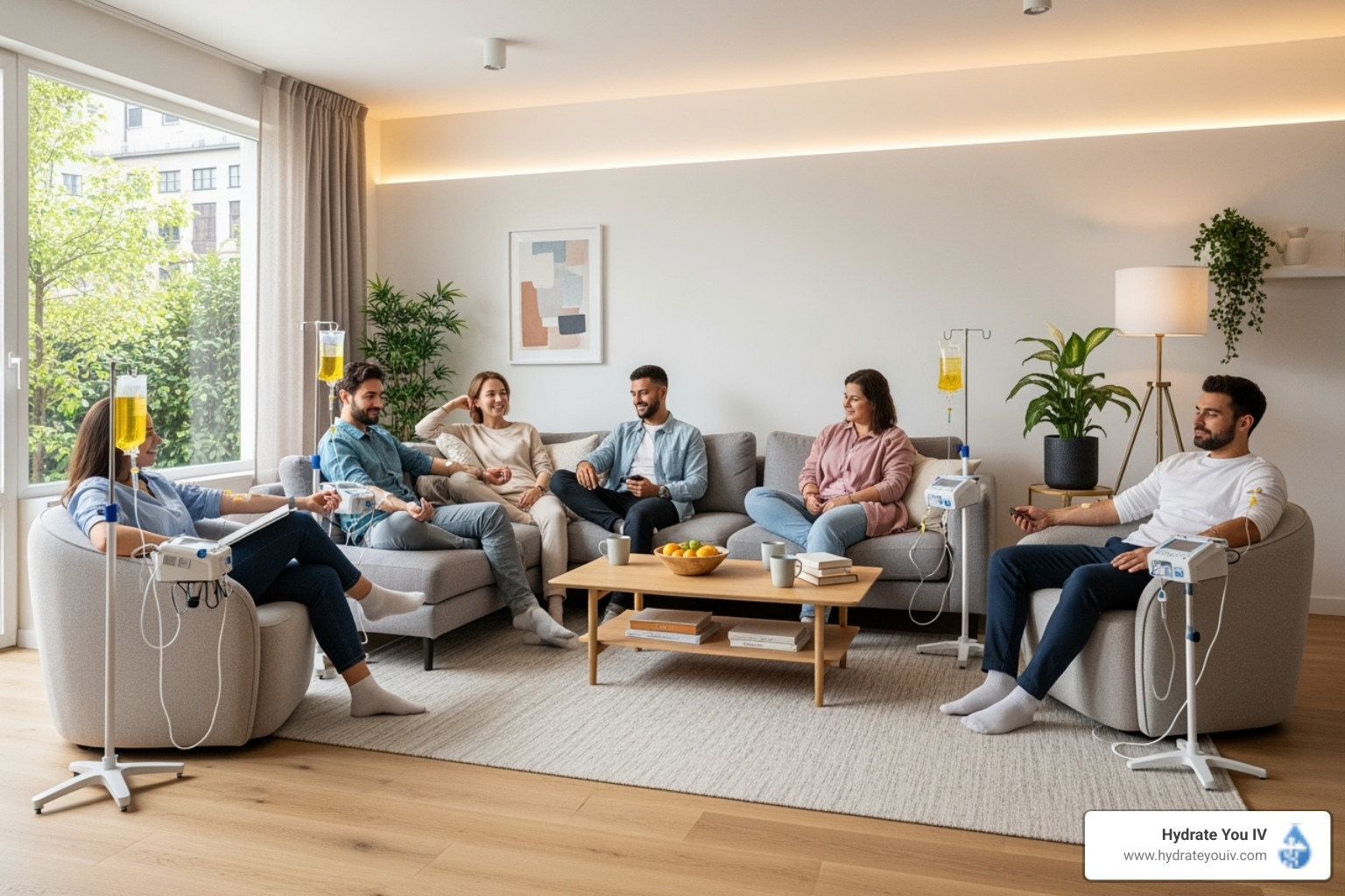 Group of friends relaxing while receiving IV therapy at home - iv at home service near me