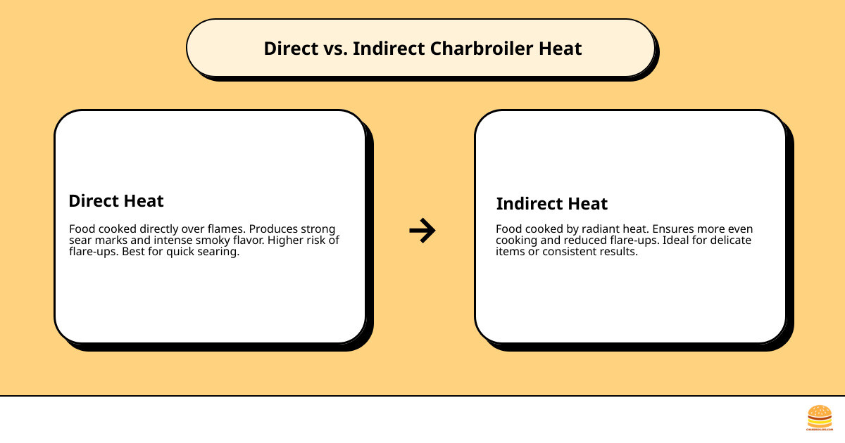 Infographic explaining the difference between direct and indirect heat on a charbroiler, illustrating how food cooked directly over flames gets strong sear marks and smoky flavor, while food cooked indirectly benefits from radiant heat for more even cooking. - charbroiler grill infographic cause_effect_text
