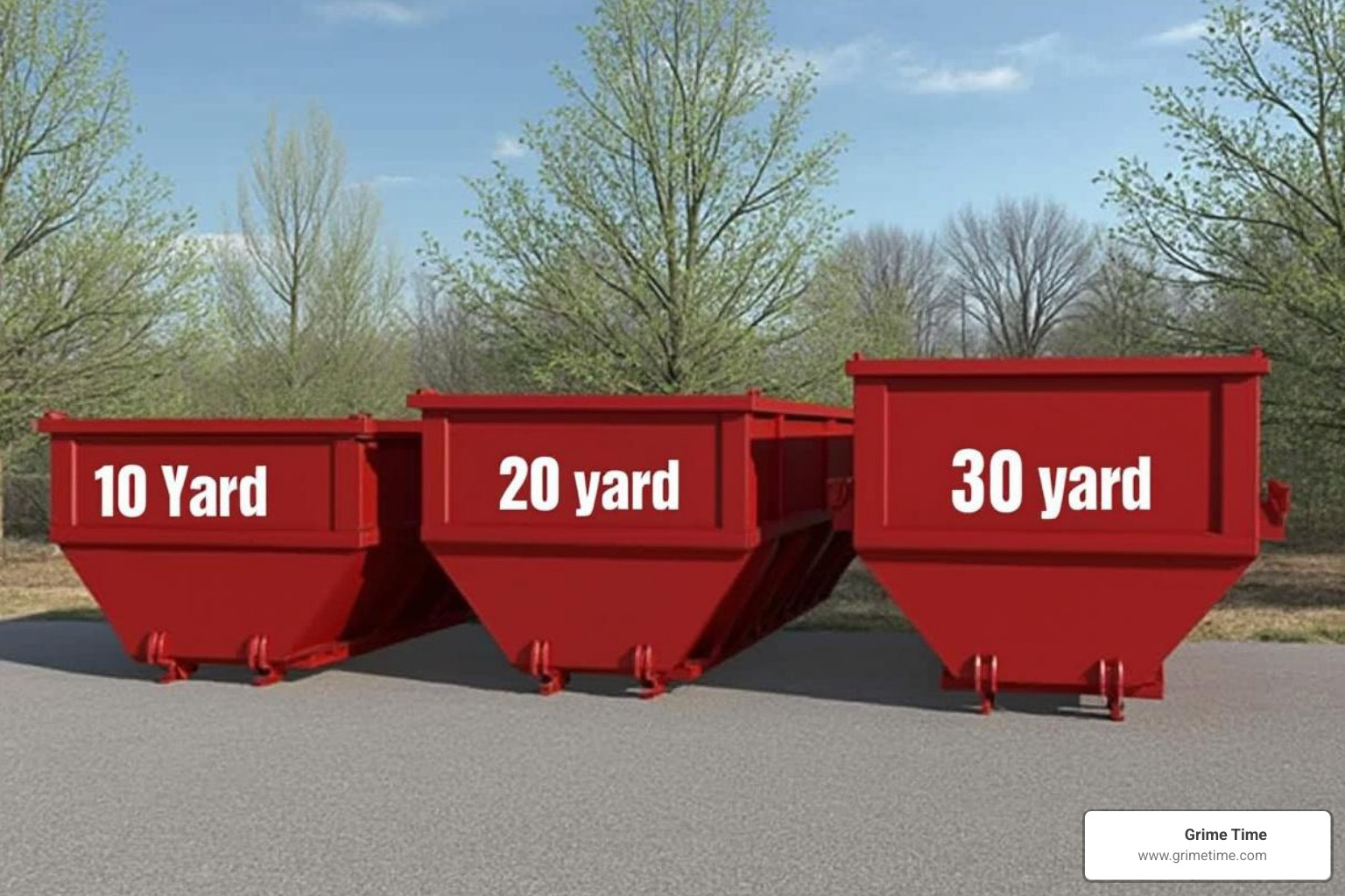 different Grime Time dumpster sizes (10, 20, 30-yard) side-by-side for comparison - Dumpster rental for roofing