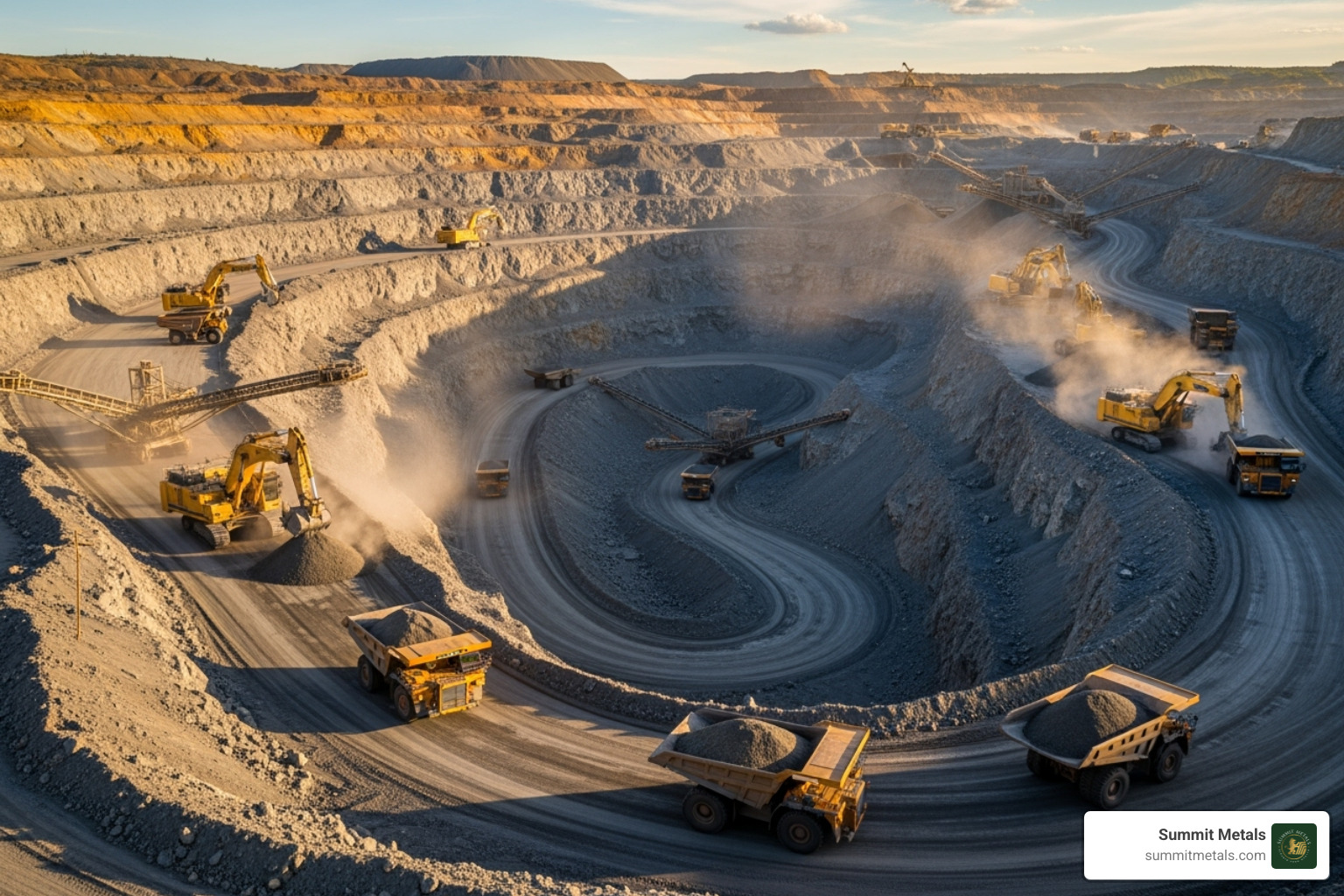 open-pit mine with large machinery - Precious silver metals
