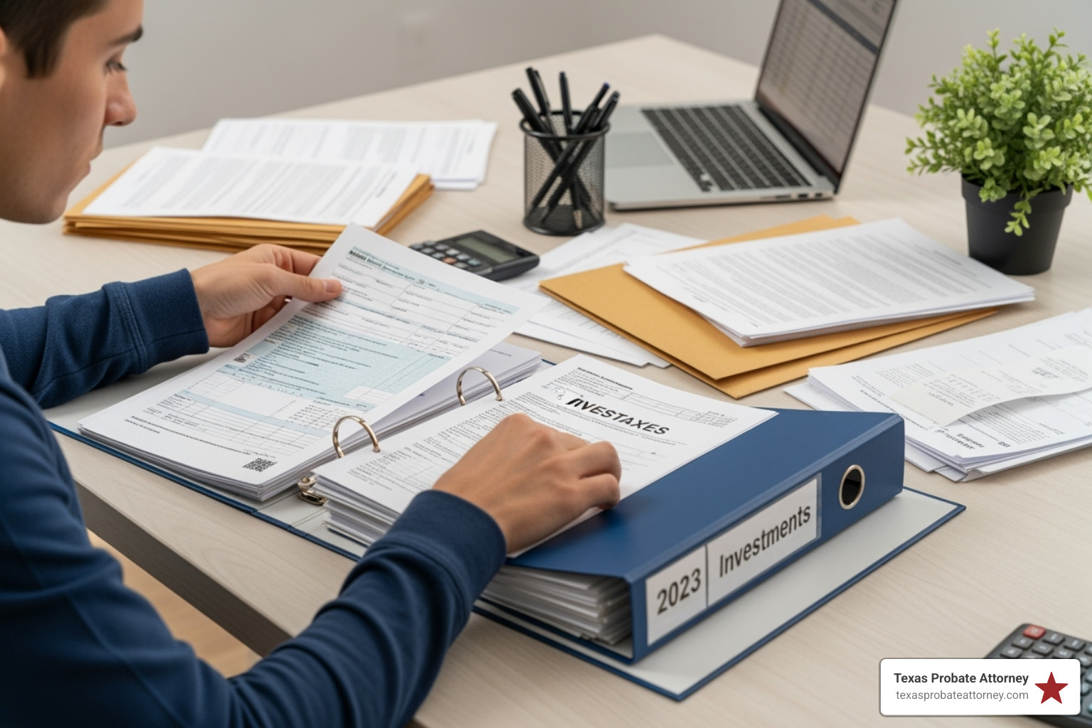 person organizing a binder of financial documents - solicitors fees estate administration