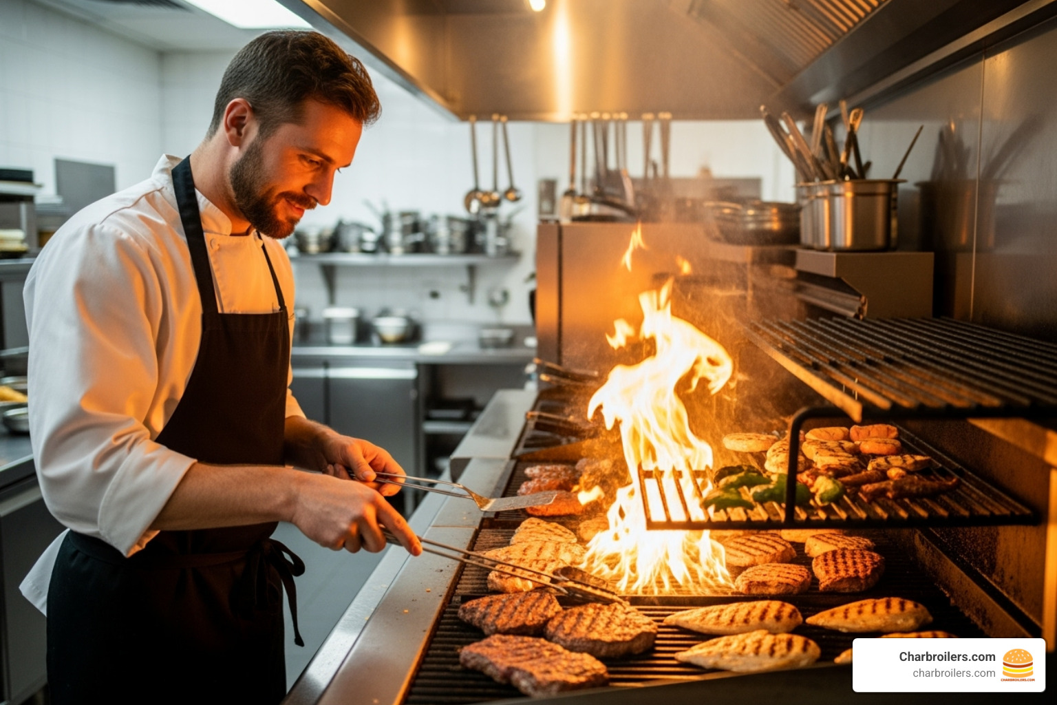 chef cooking on a large, multi-zone charbroiler - charbroiler grill