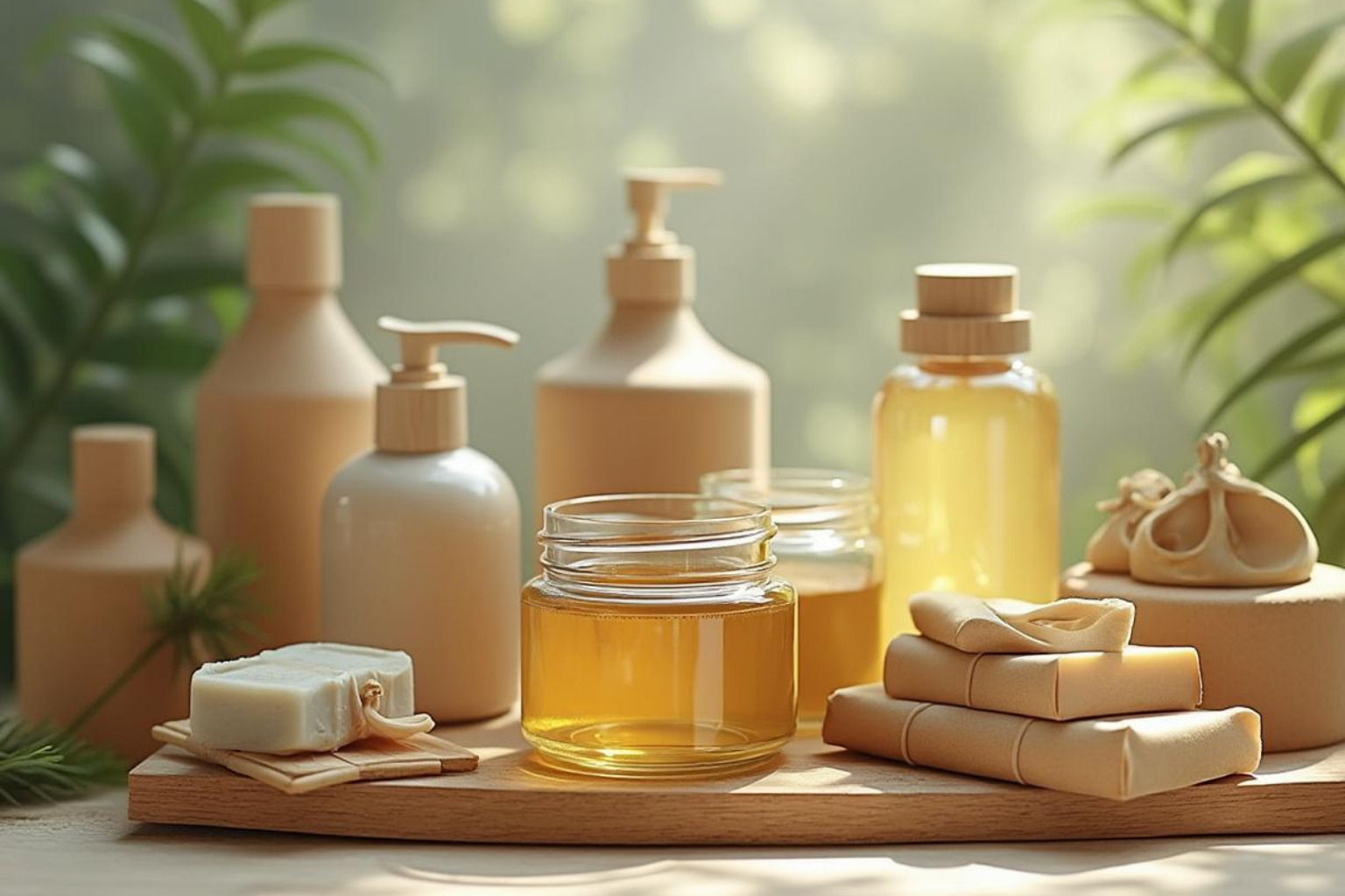 Refilling a glass bottle at a bulk store or a collection of products with minimal packaging (glass jars, paper wrapping). - Environmentally friendly beauty tips