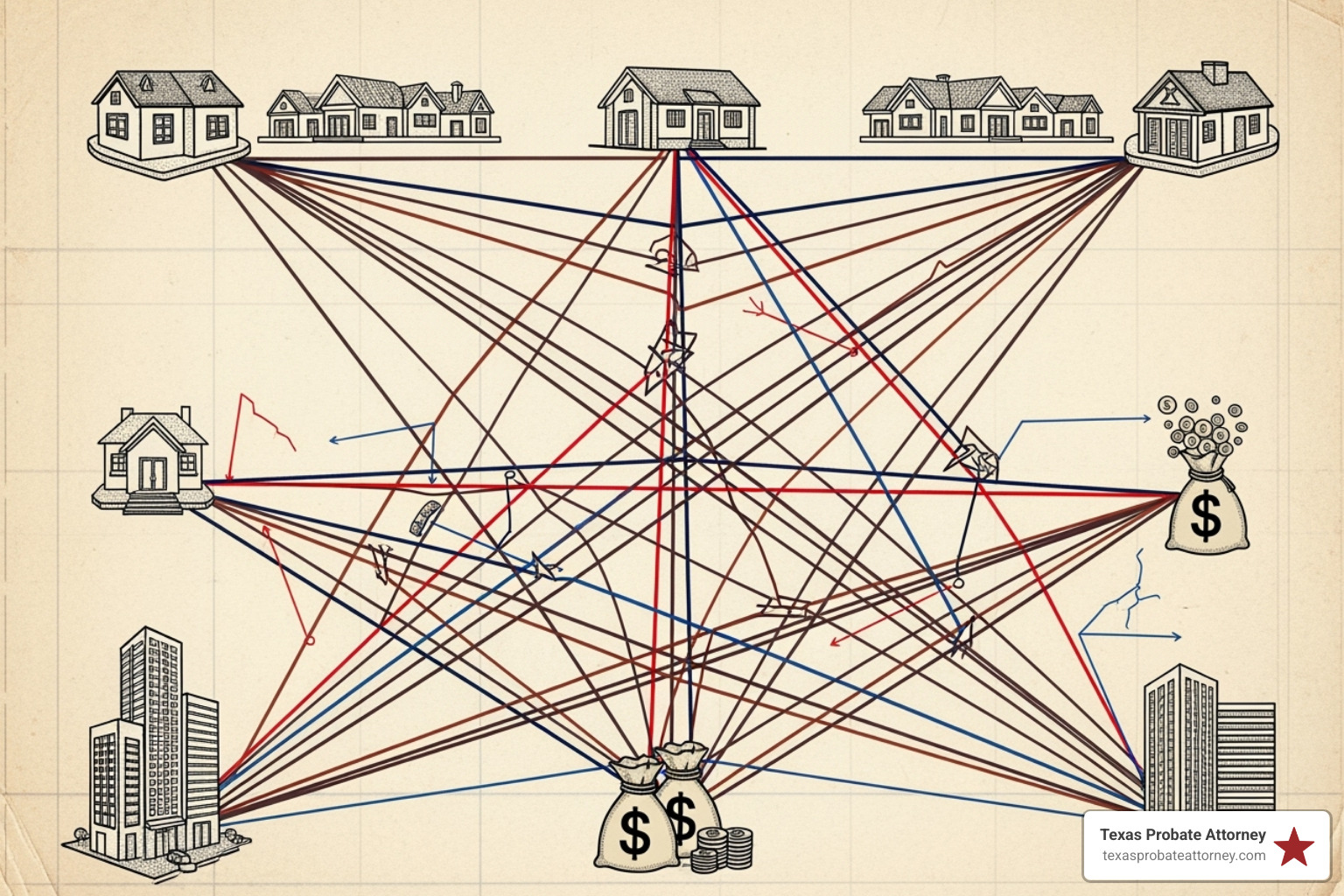 flowchart showing complex estate factors like multiple properties, business assets, and disputes - solicitors fees estate administration