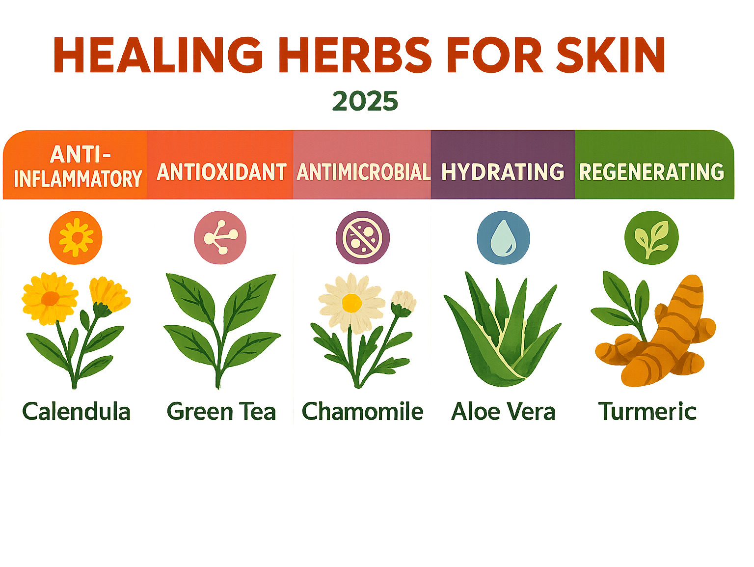 Infographic detailing the key actions of healing herbs on the skin, such as anti-inflammatory, antioxidant, antimicrobial, hydrating, and regenerating properties, with examples of herbs for each action. - Healing herbs for skin infographic 