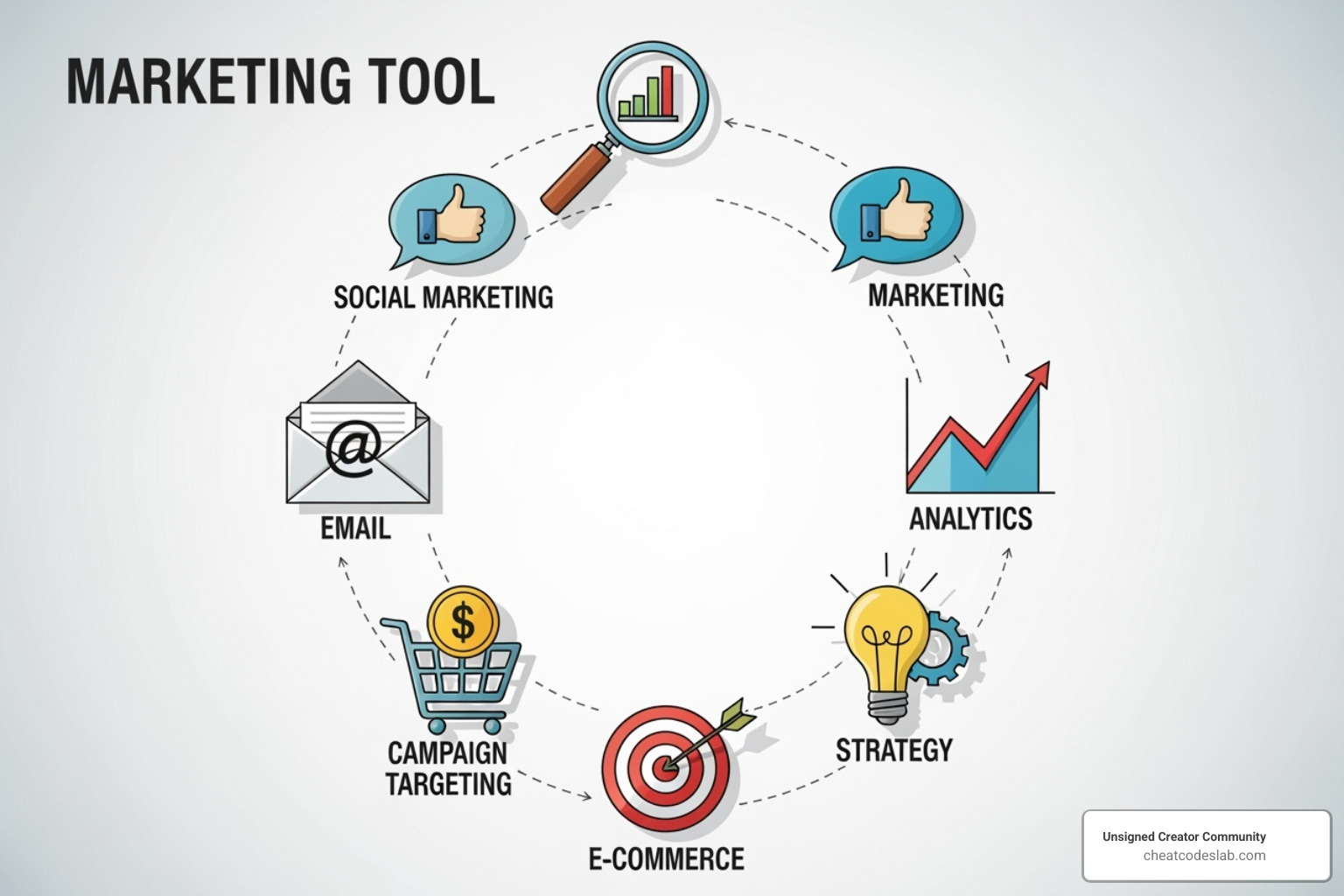 various marketing tool icons arranged in a circle (SEO, social, email, analytics) - marketing tools various marketing tool icons arranged in a circle (SEO, social, email, analytics) - marketing tools