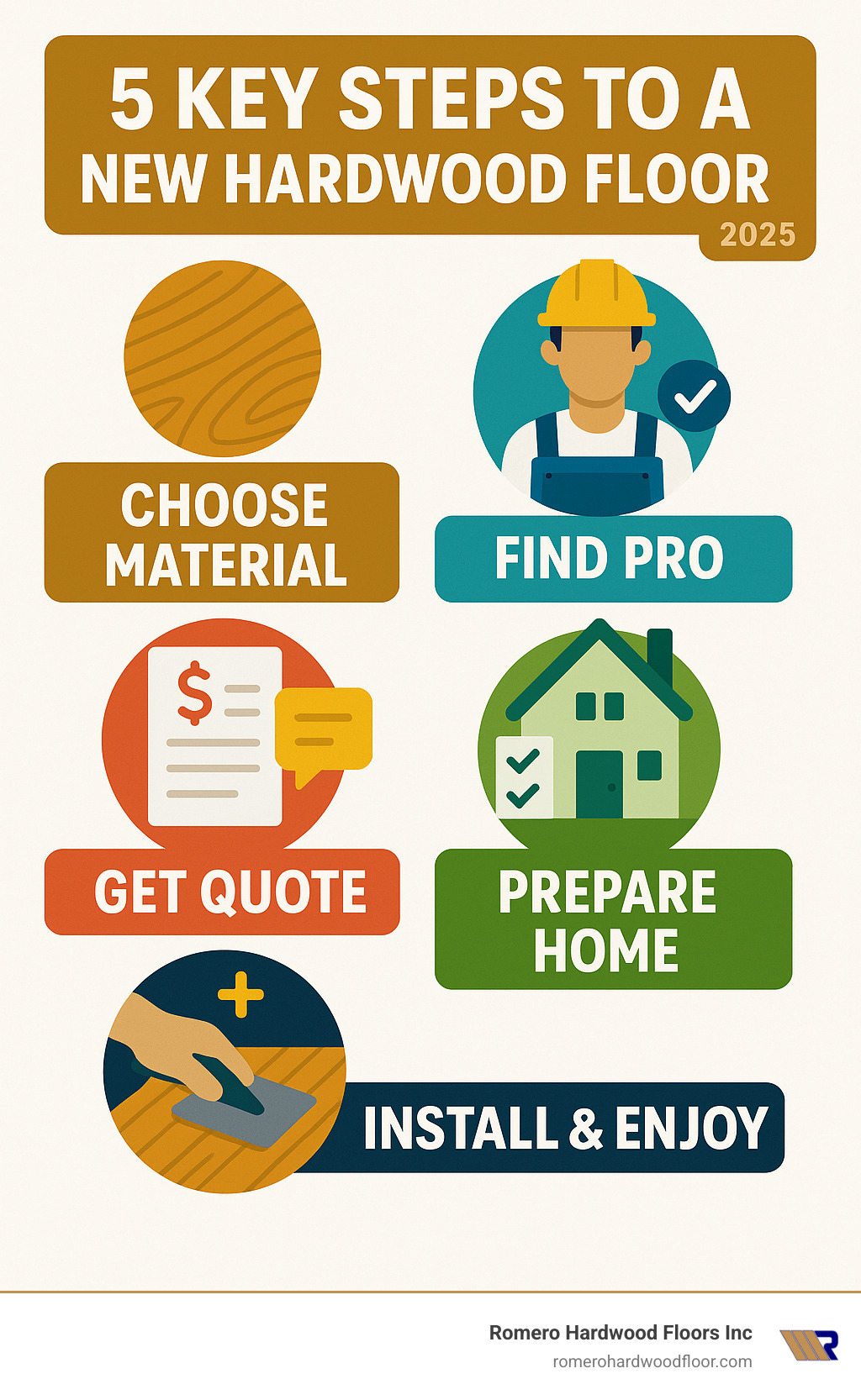 5 key steps to a new hardwood floor: Choose Material, Find Pro, Get Quote, Prepare Home, Install & Enjoy. - flooring install near me infographic 