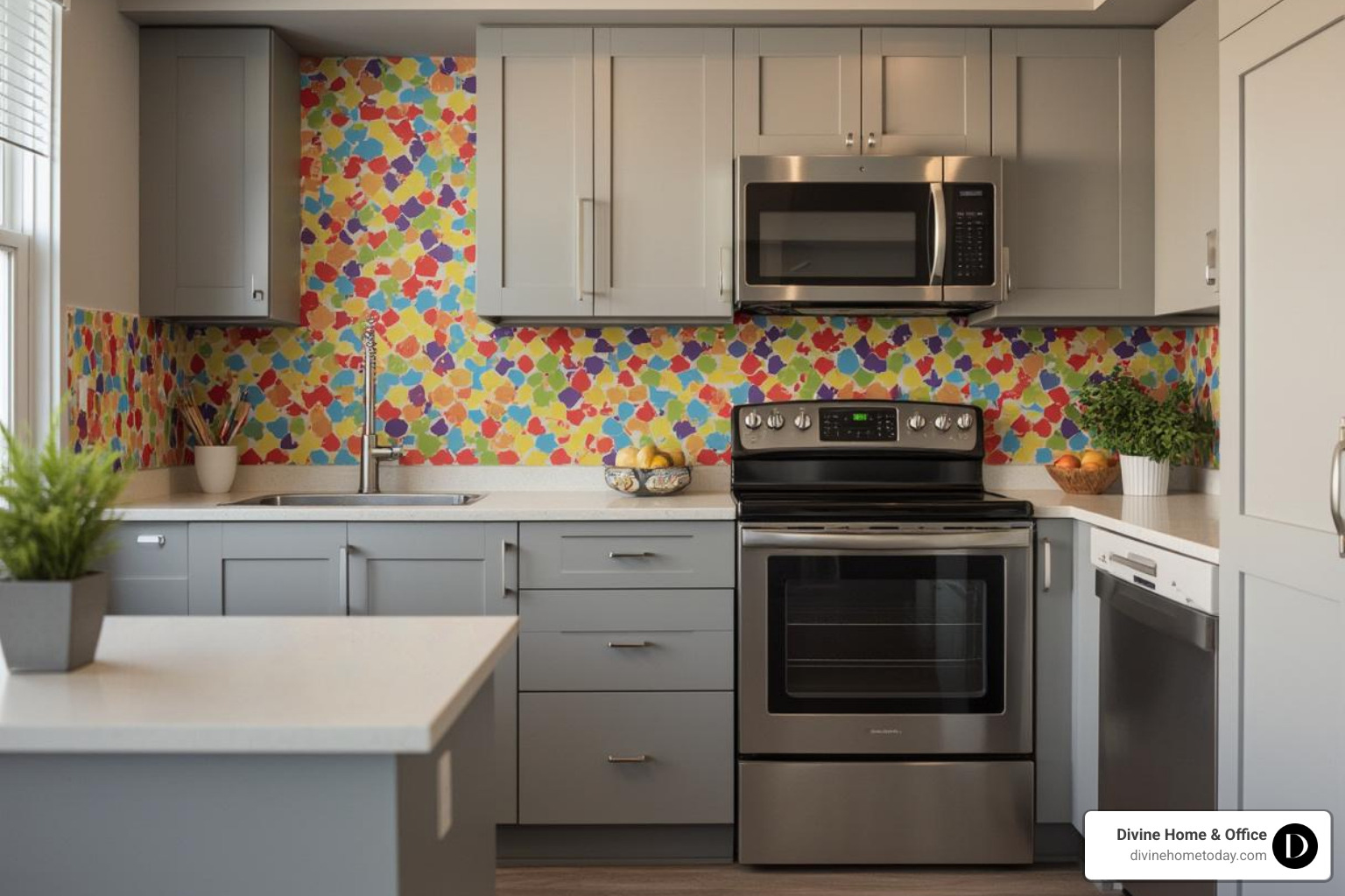 rental kitchen updated with a colorful peel-and-stick backsplash - house design apartment