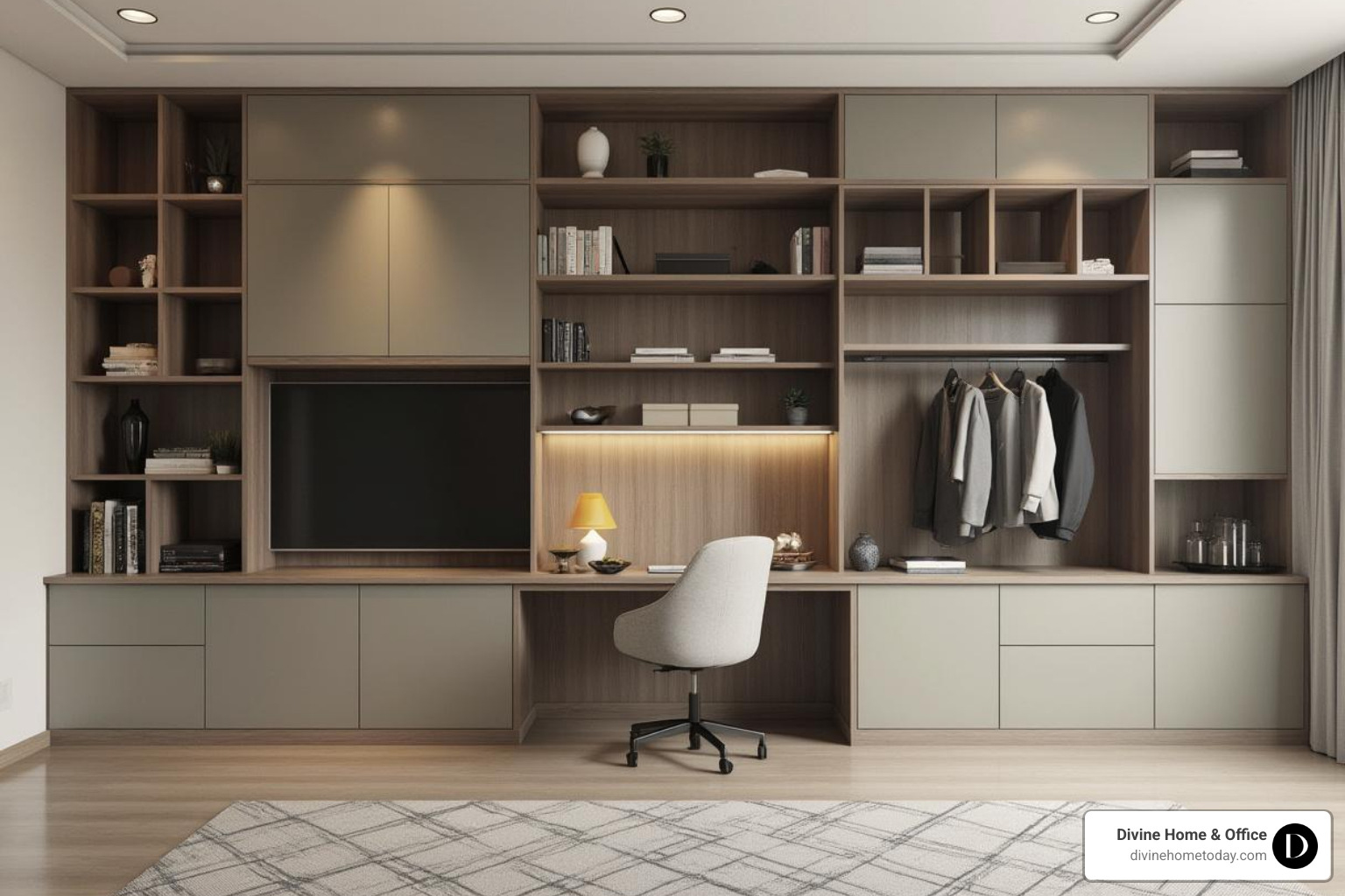 custom storage wall with a built-in desk and shelving - house design apartment
