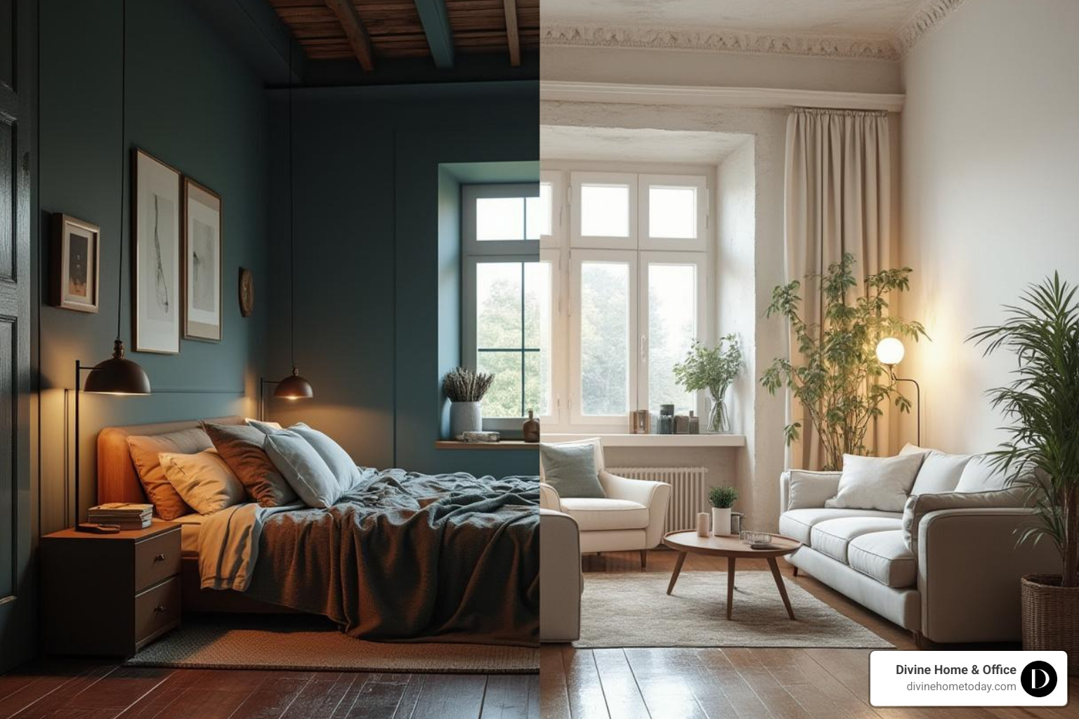 small, dark-painted bedroom that feels cozy and a light-painted living room that feels airy - house design apartment
