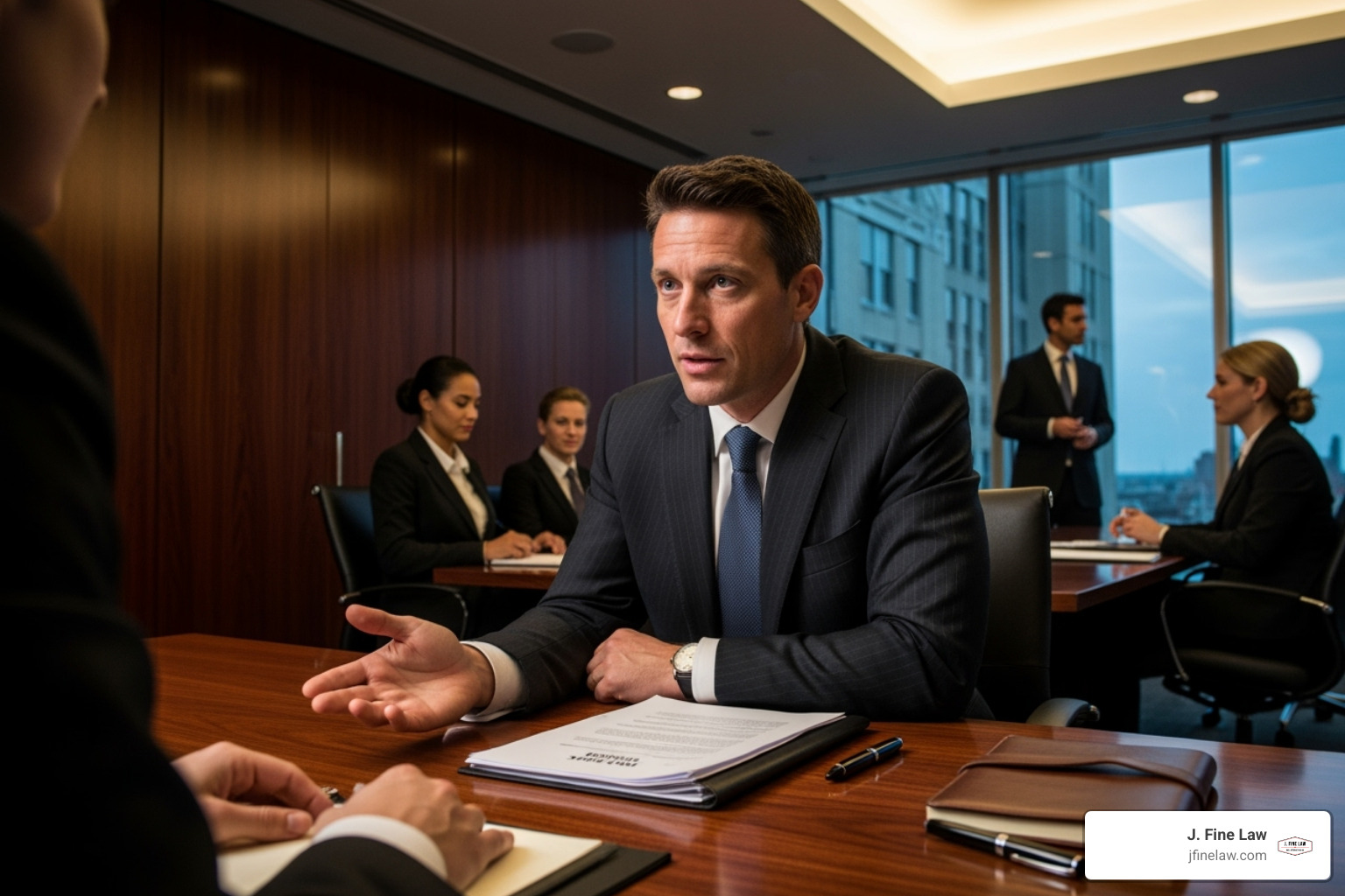Lawyer confidently negotiating in a meeting room - philadelphia trucking accident lawyer