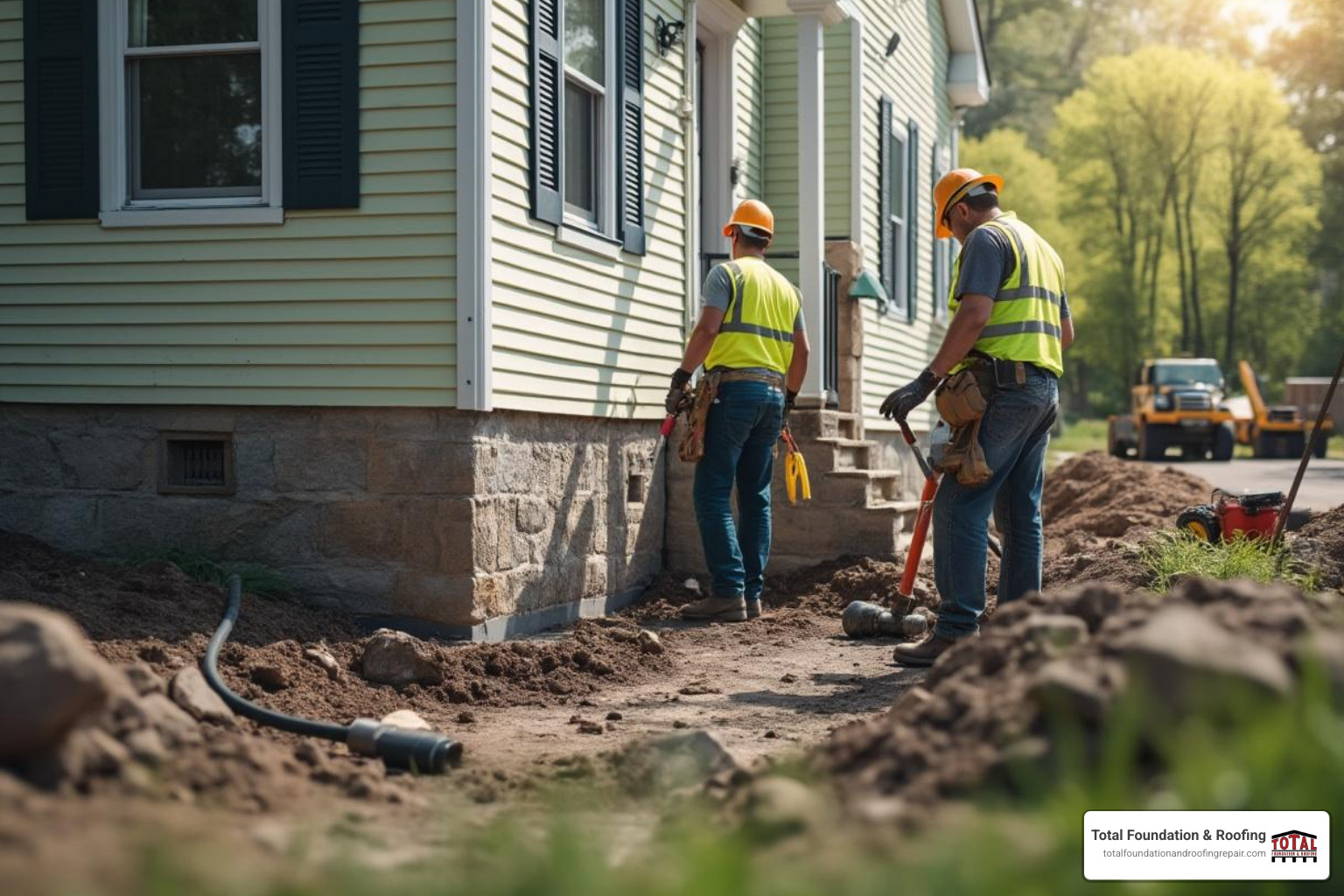 professional crew working on a foundation repair project - foundation services