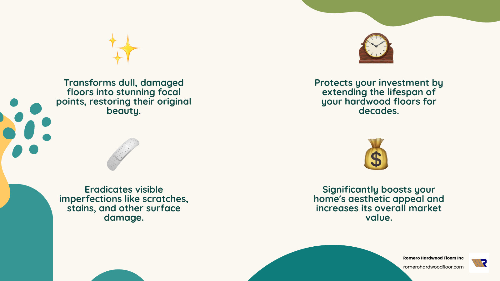 5 key benefits of professional floor refinishing - floor sanding and repair infographic 4_facts_emoji_nature