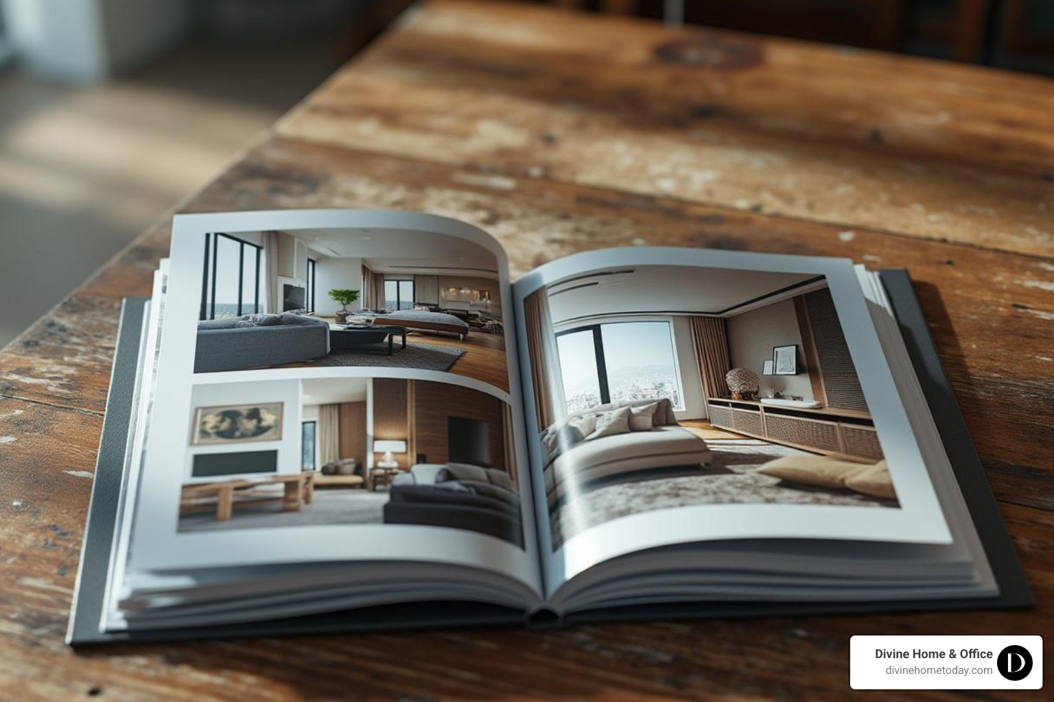 A designer's professional portfolio book open on a table, showcasing various interior design projects. - design consultation Denver A designer's professional portfolio book open on a table, showcasing various interior design projects. - design consultation Denver
