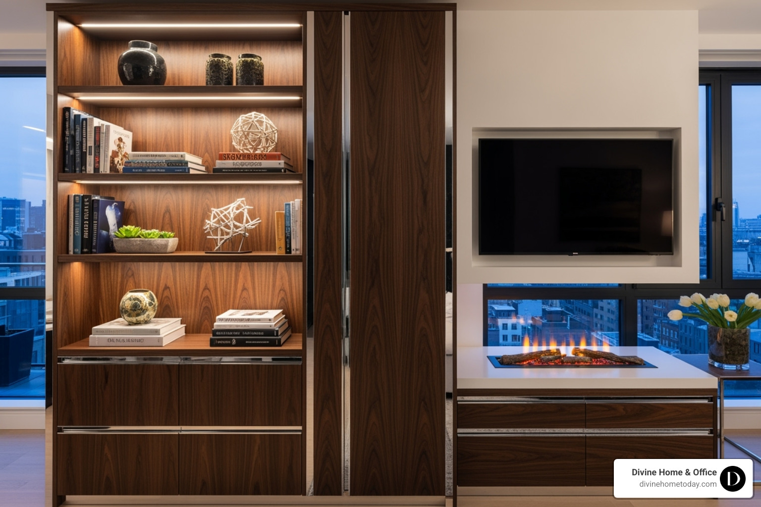 A clever built-in storage unit that doubles as a room divider in a small luxury apartment - luxury apartment interior design