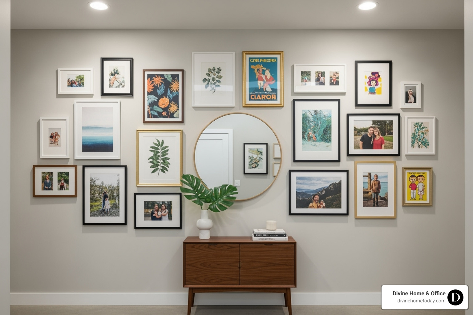 A personalized gallery wall featuring unique art and personal photos in an neat hallway - luxury apartment interior design