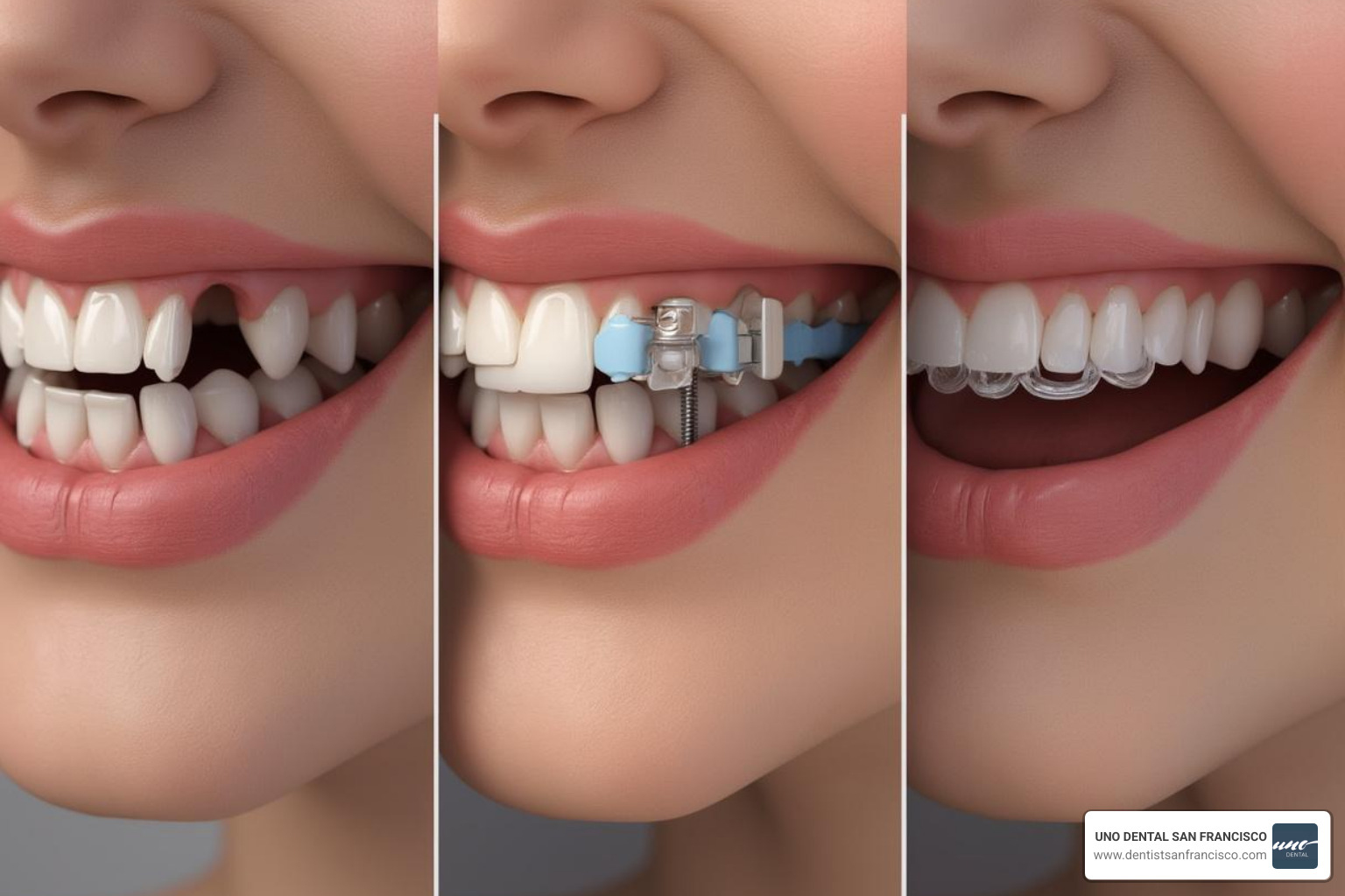 comparing a gapped smile with a smile restored by an immediate implant and an immediate denture - same day extractions
