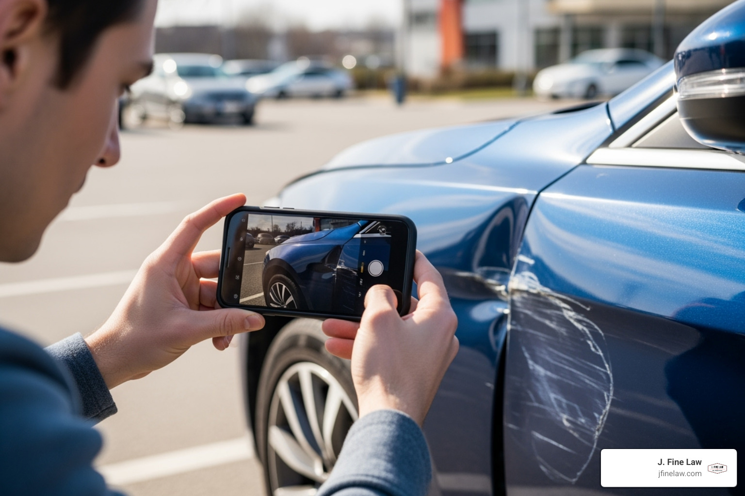 person photographing car damage with smartphone - parking lot accident lawyer