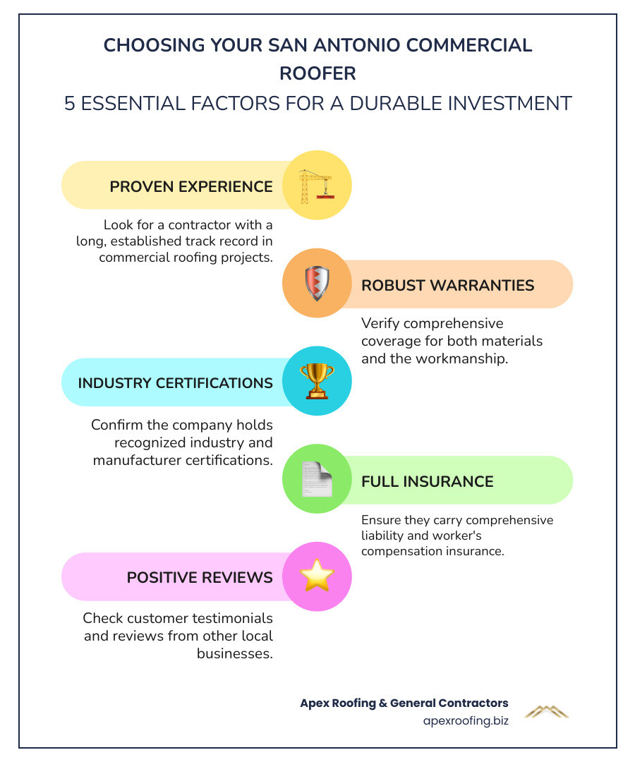 Infographic on 5 key factors for choosing a commercial roofer: Experience, Services, Materials, Insurance, and Warranties - commercial roofing company san antonio infographic infographic-line-5-steps-colors