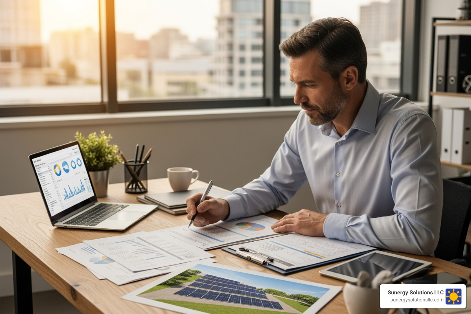 business owner reviewing financial documents with a solar project plan on the table - commercial solar companies in massachusetts business owner reviewing financial documents with a solar project plan on the table - commercial solar companies in massachusetts
