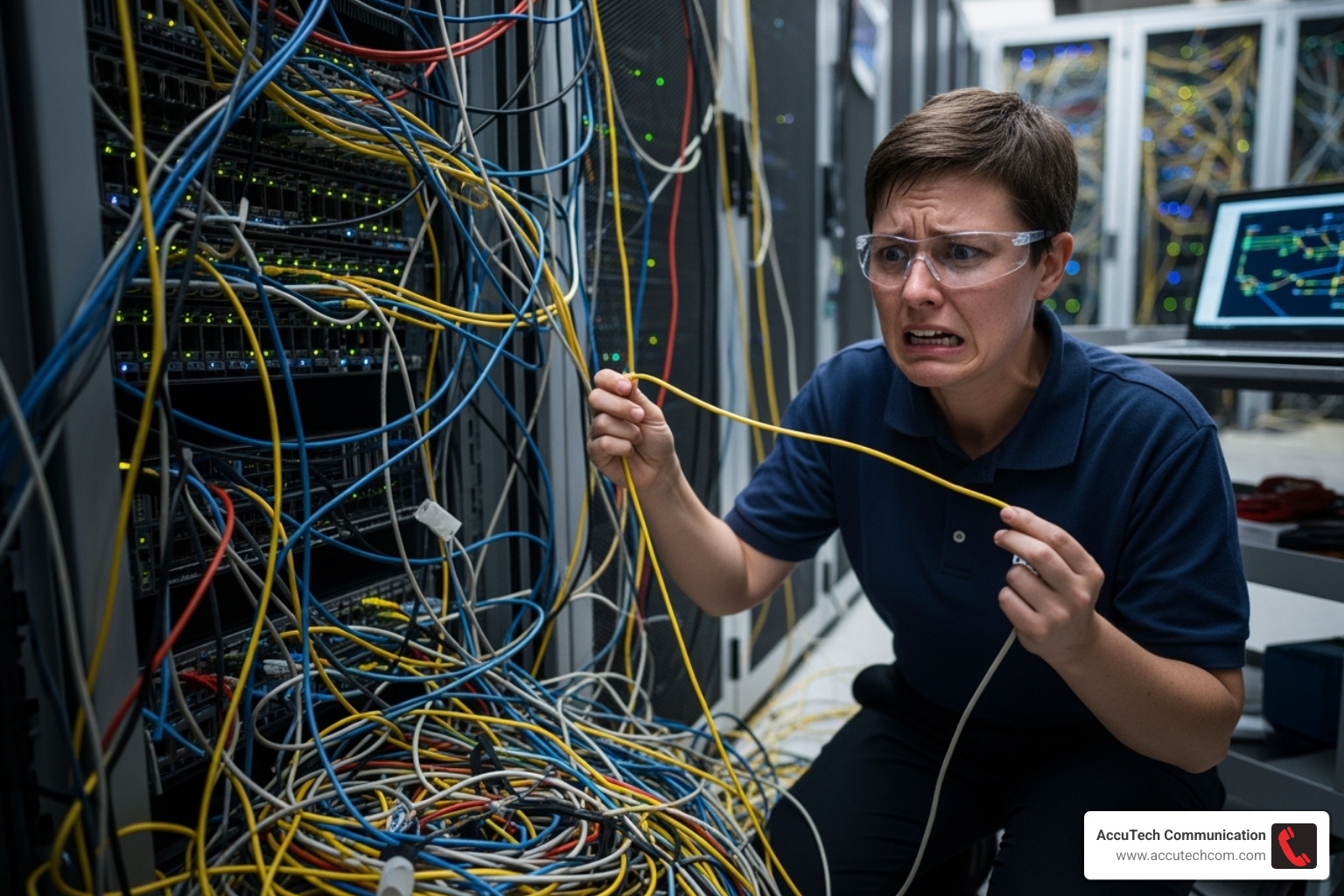 A messy, tangled "spaghetti" server rack causing clear frustration. - data cabling specialists