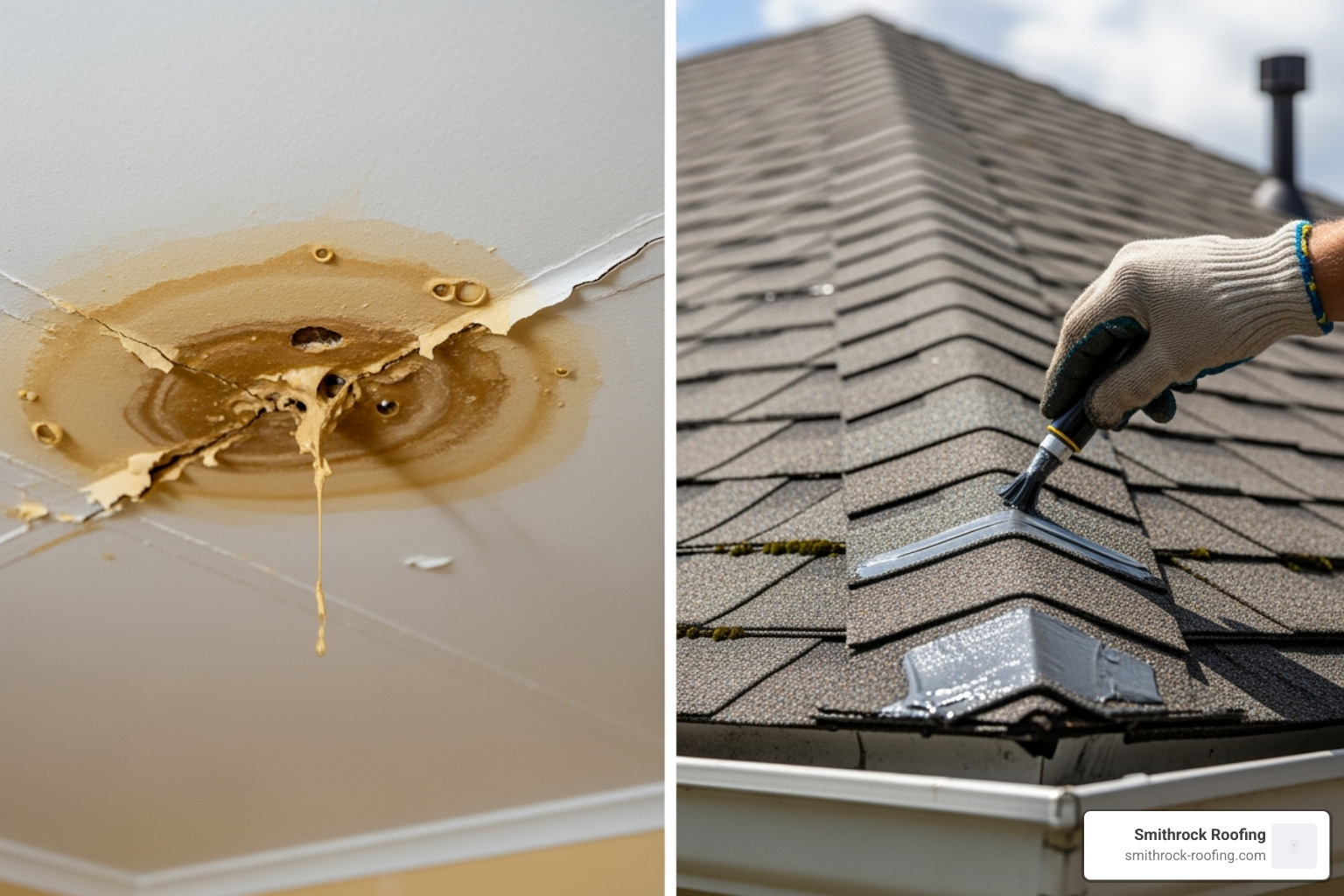 A water-stained ceiling next to an image of a minor shingle repair - roof inspection