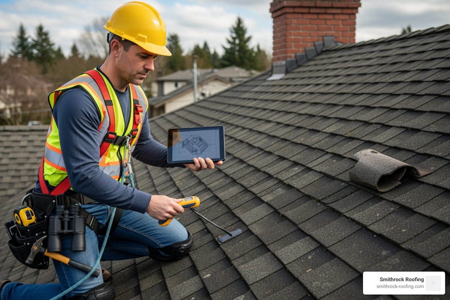 A professional inspector safely examining a roof with proper equipment - roof inspection