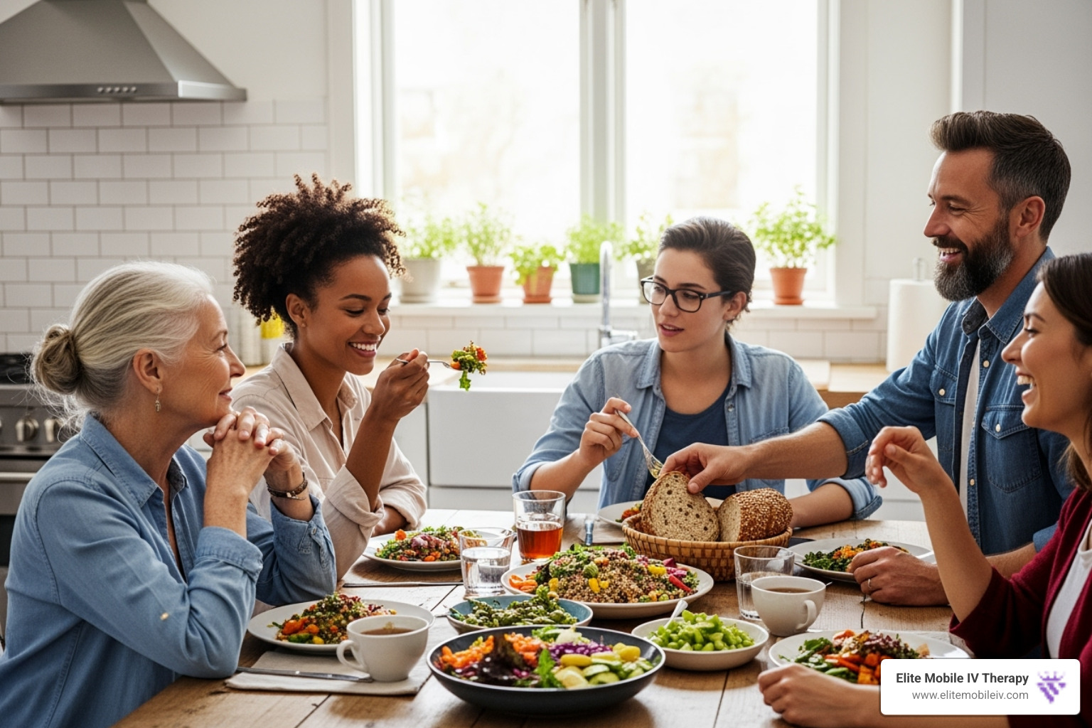 Diverse group of people including an older adult and someone eating a plant-based meal - Vitamin B12 IV infusion