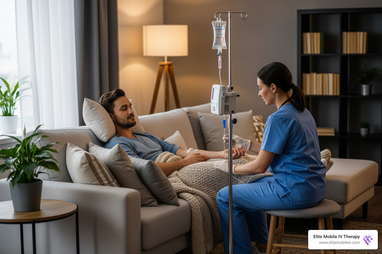 Person relaxing comfortably at home while receiving a mobile IV drip from a medical professional - Vitamin B12 IV infusion
