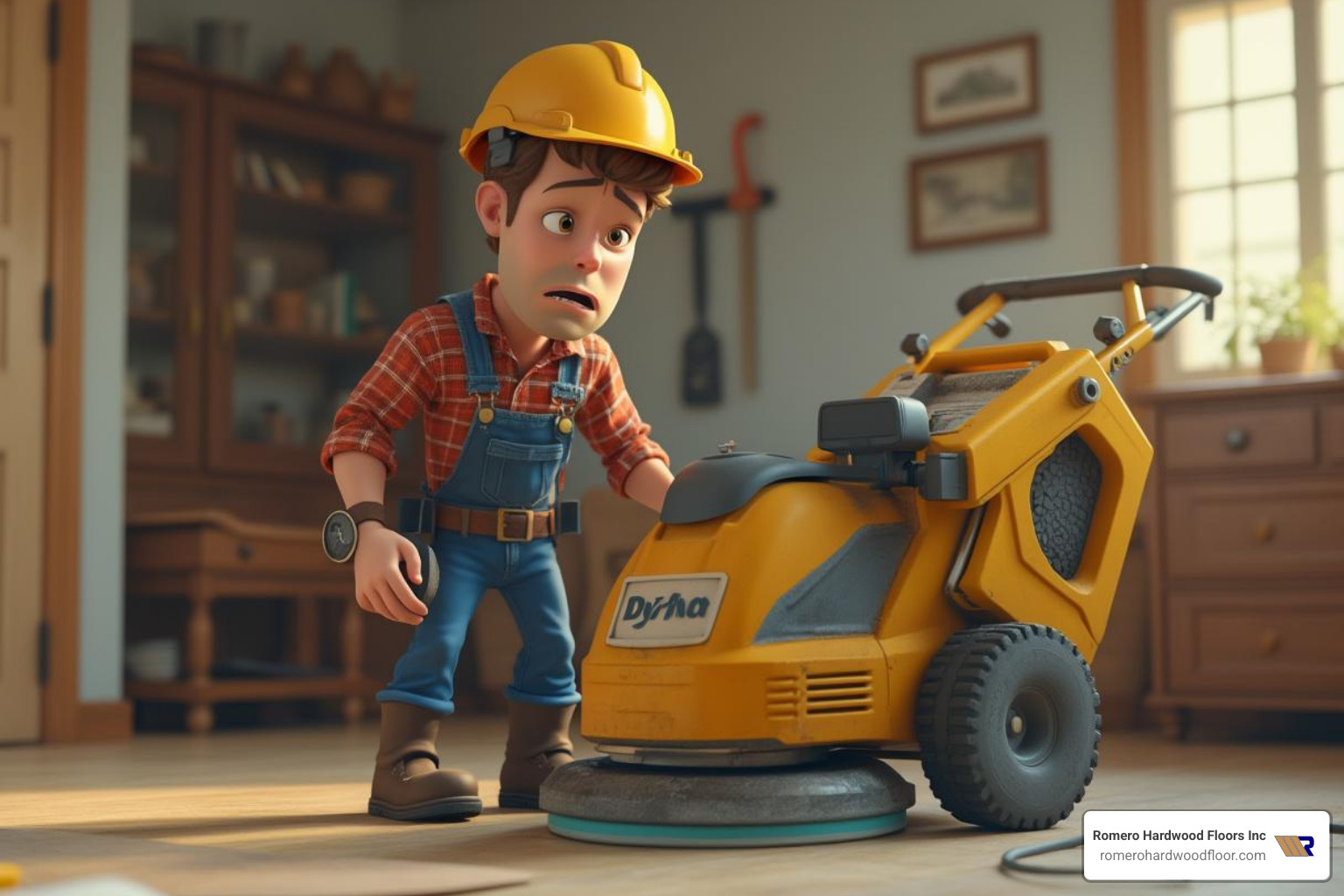 DIYer looking frustrated next to a rented floor sander - floor sanding and repair