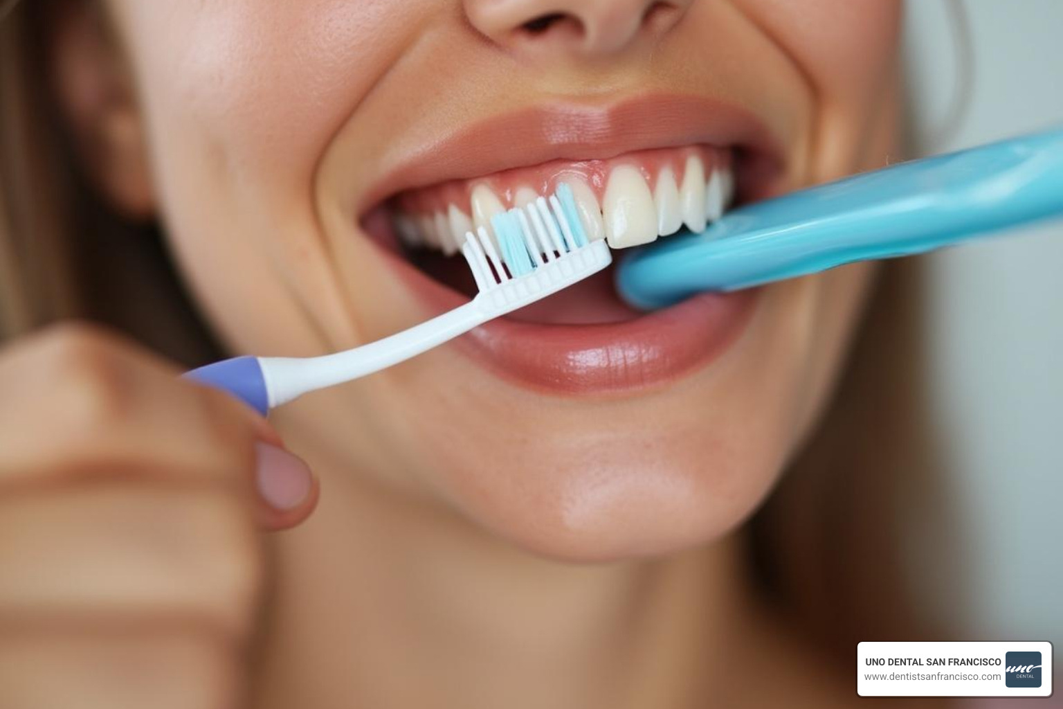 person flossing and brushing their teeth with veneers - porcelain teeth