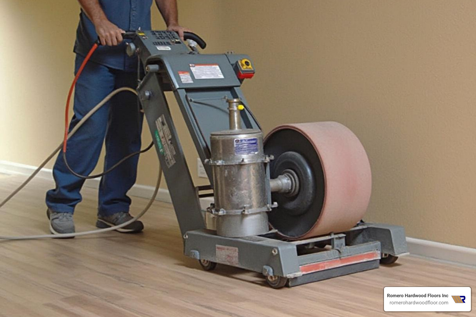 professional using a large drum sander with a dust containment system attached - floor sanding and repair