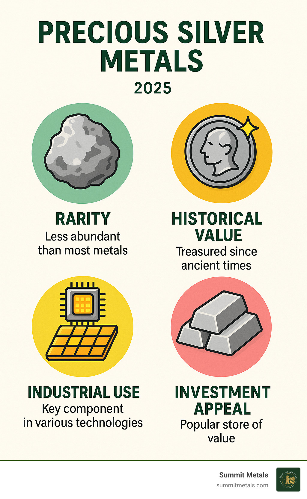 Key characteristics of precious silver metals including rarity, historical value, industrial utility, and investment appeal - Precious silver metals infographic 