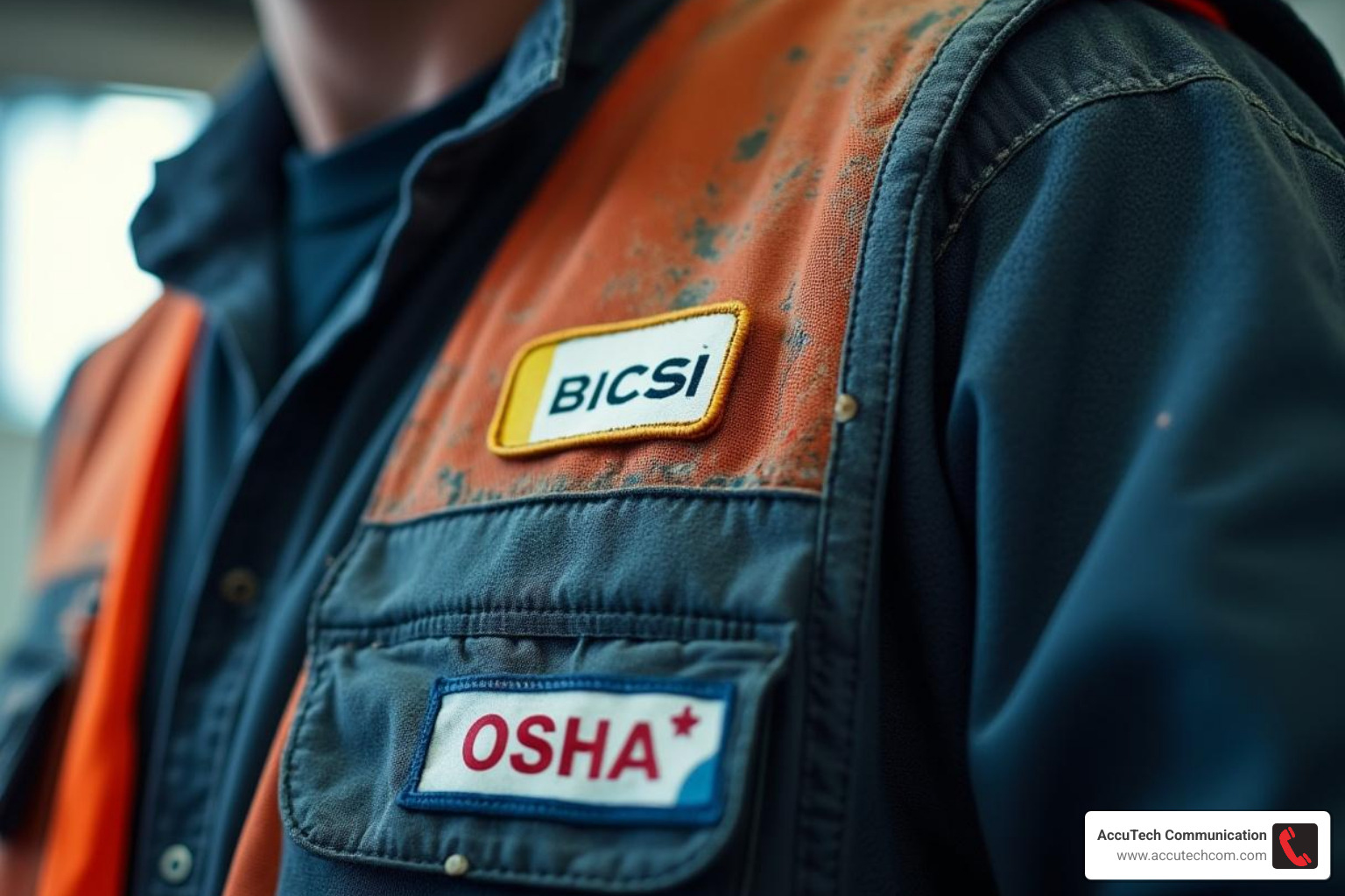 A technician's vest showing BICSI and OSHA certification patches. - data cabling specialists