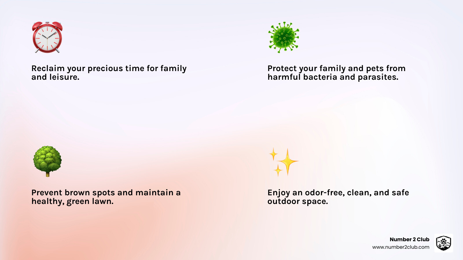 Infographic on why hire a dog poop cleaning company: saves time, prevents health risks, protects lawn, reduces odor, and ensures peace of mind. - Dog poop cleaning company infographic 4_facts_emoji_light-gradient