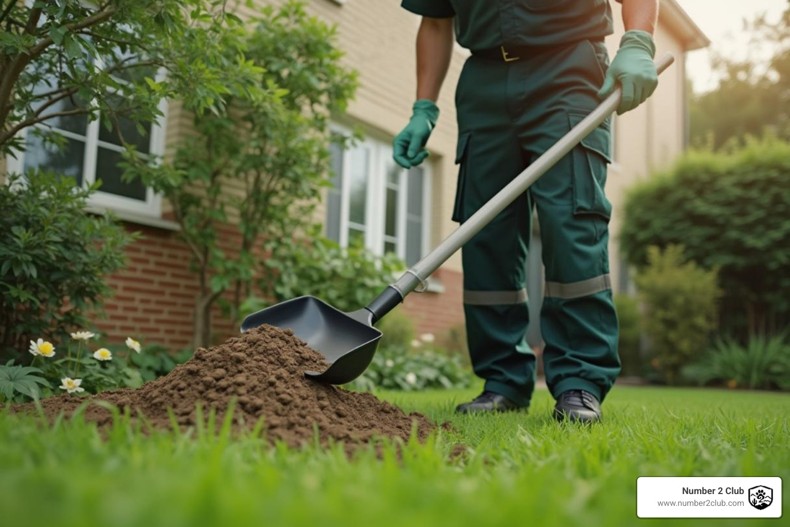 a uniformed technician professionally cleaning a residential yard - Dog poop cleaning company