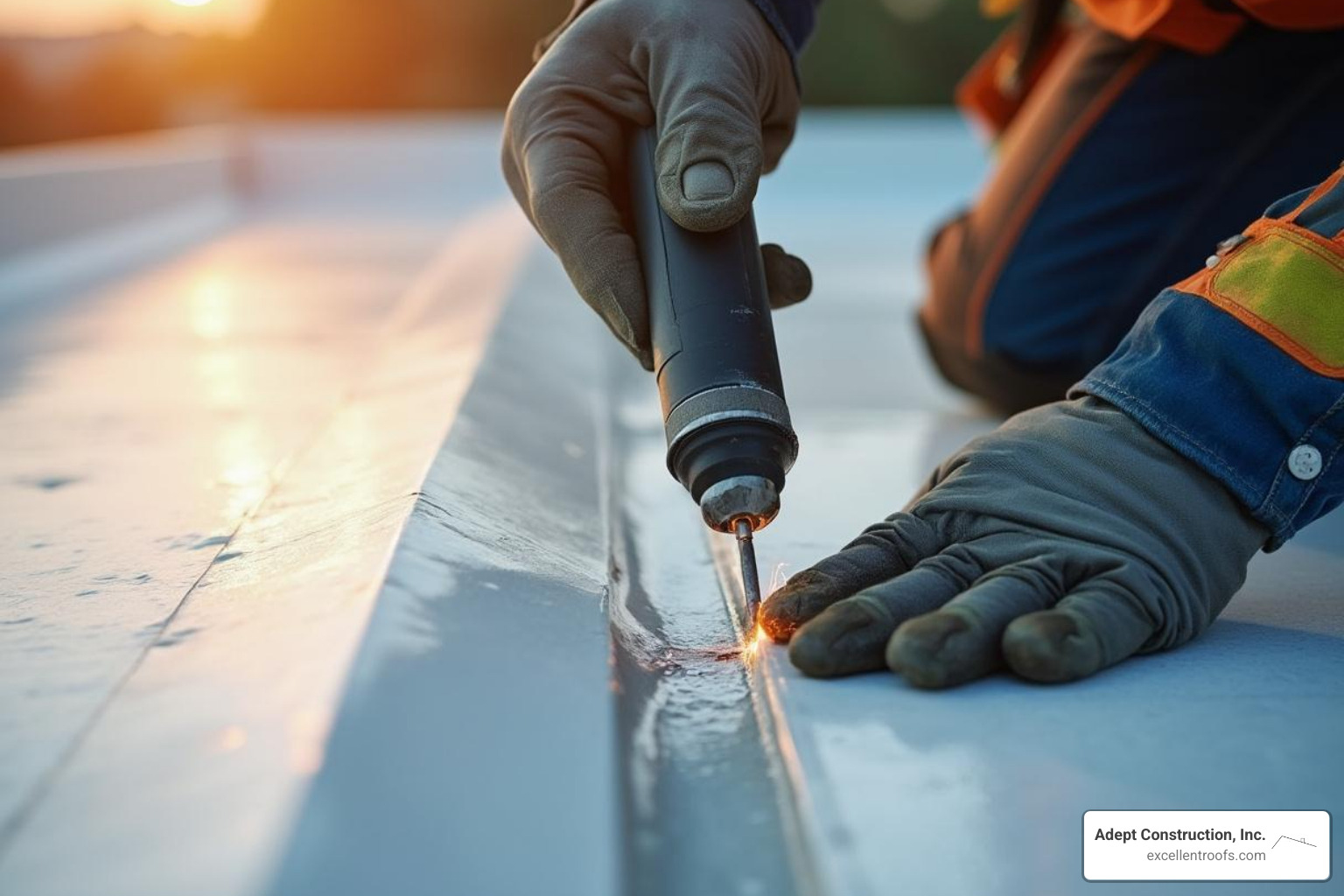 close-up of a roofer repairing a seam on a TPO roof - commercial roofing downers grove
