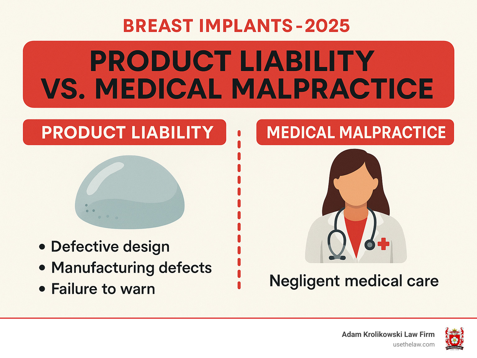 Infographic explaining the difference between product liability and medical malpractice for breast implants - breast implant product liability infographic 