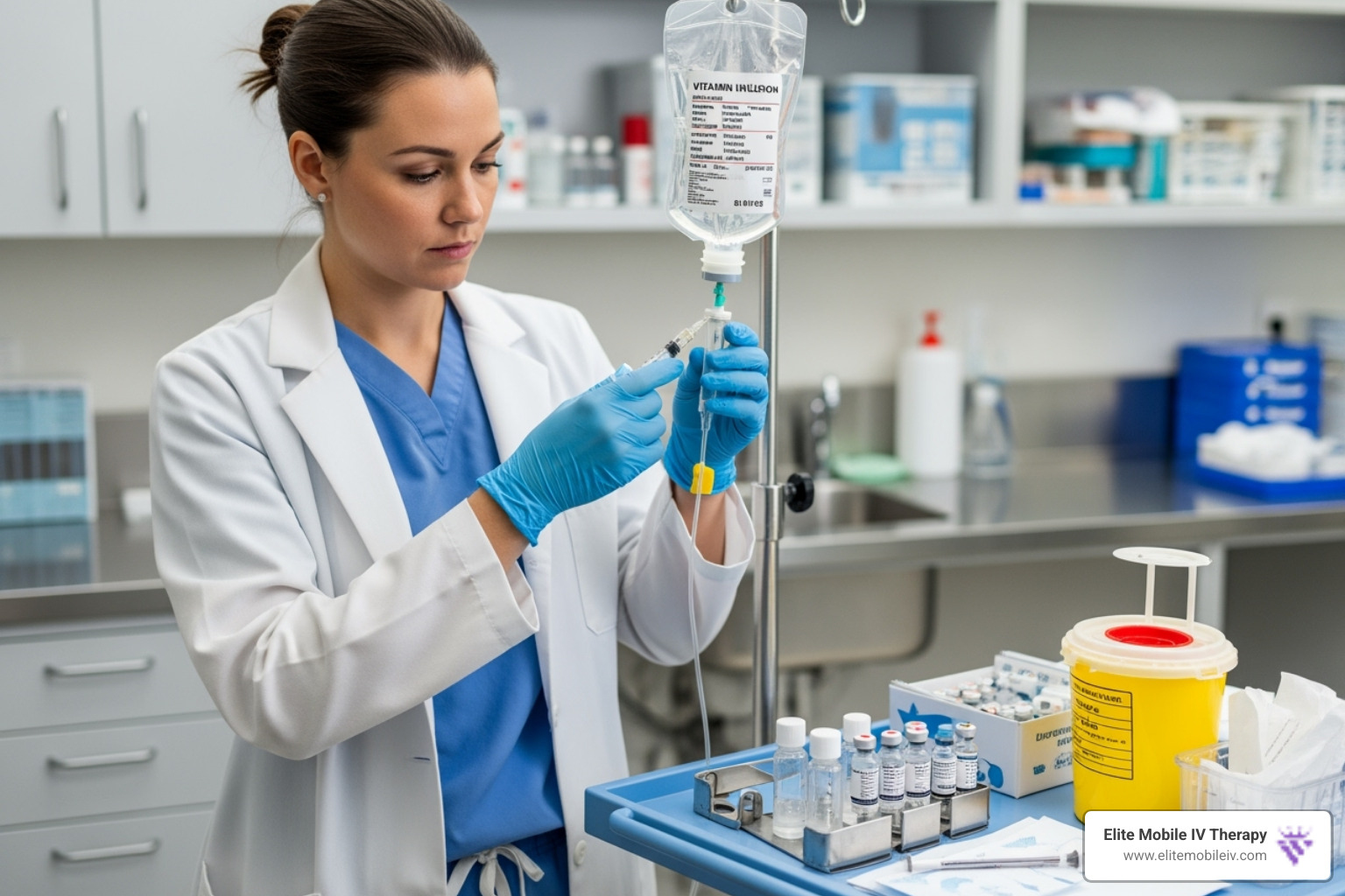 Medical professional preparing an IV bag with vitamins - IV hydration benefits
