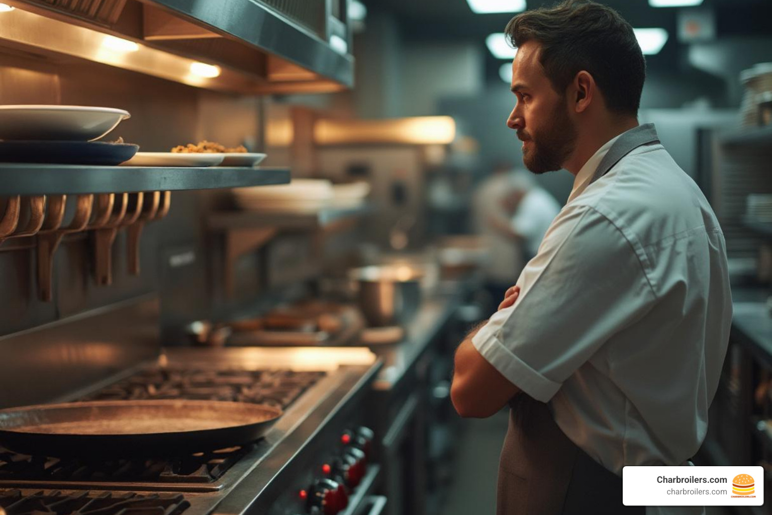 person looking thoughtfully at a commercial range - commercial oven with griddle