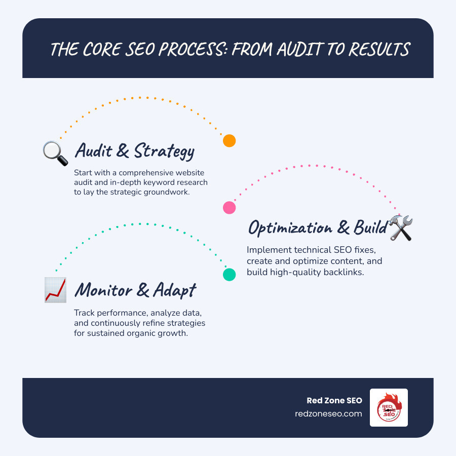 Infographic showing the core SEO process from website audit and keyword research, to technical SEO, content optimization, link building, and ongoing performance tracking and reporting. - cost of seo for website infographic infographic-line-3-steps-blues-accent_colors