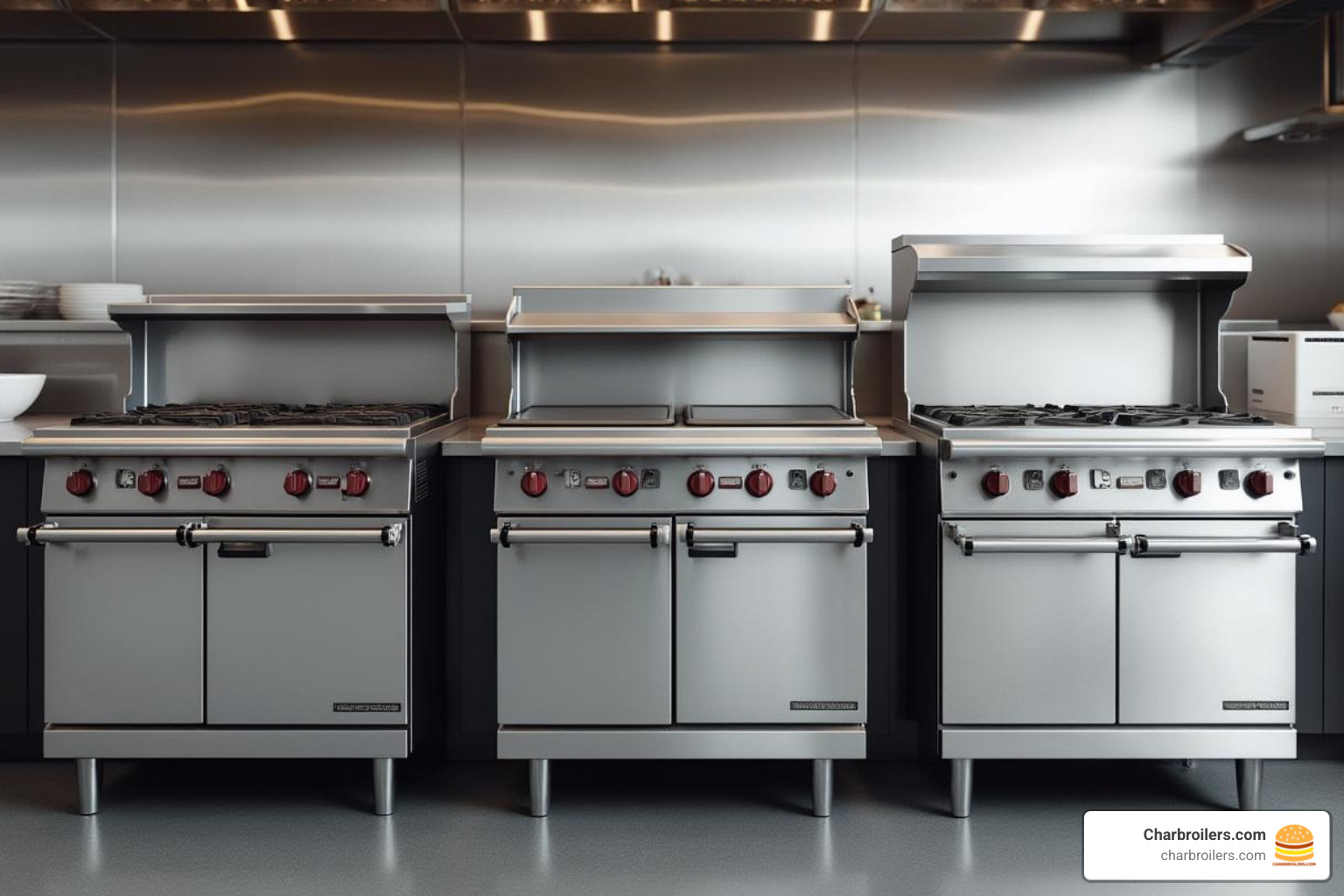 three different-sized commercial ranges side-by-side to illustrate variety - commercial oven with griddle