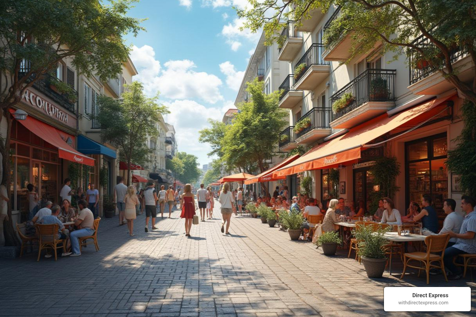 vibrant neighborhood street with cafes, shops, and residential buildings - condos for rent near me