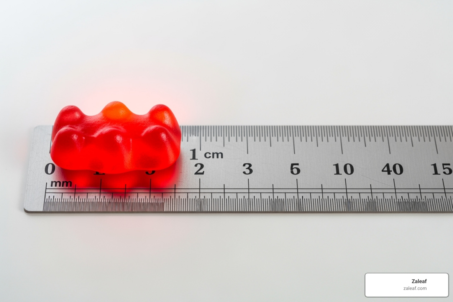 A single Zaleaf gummy next to a ruler to visually represent a single dose - legal edibles online