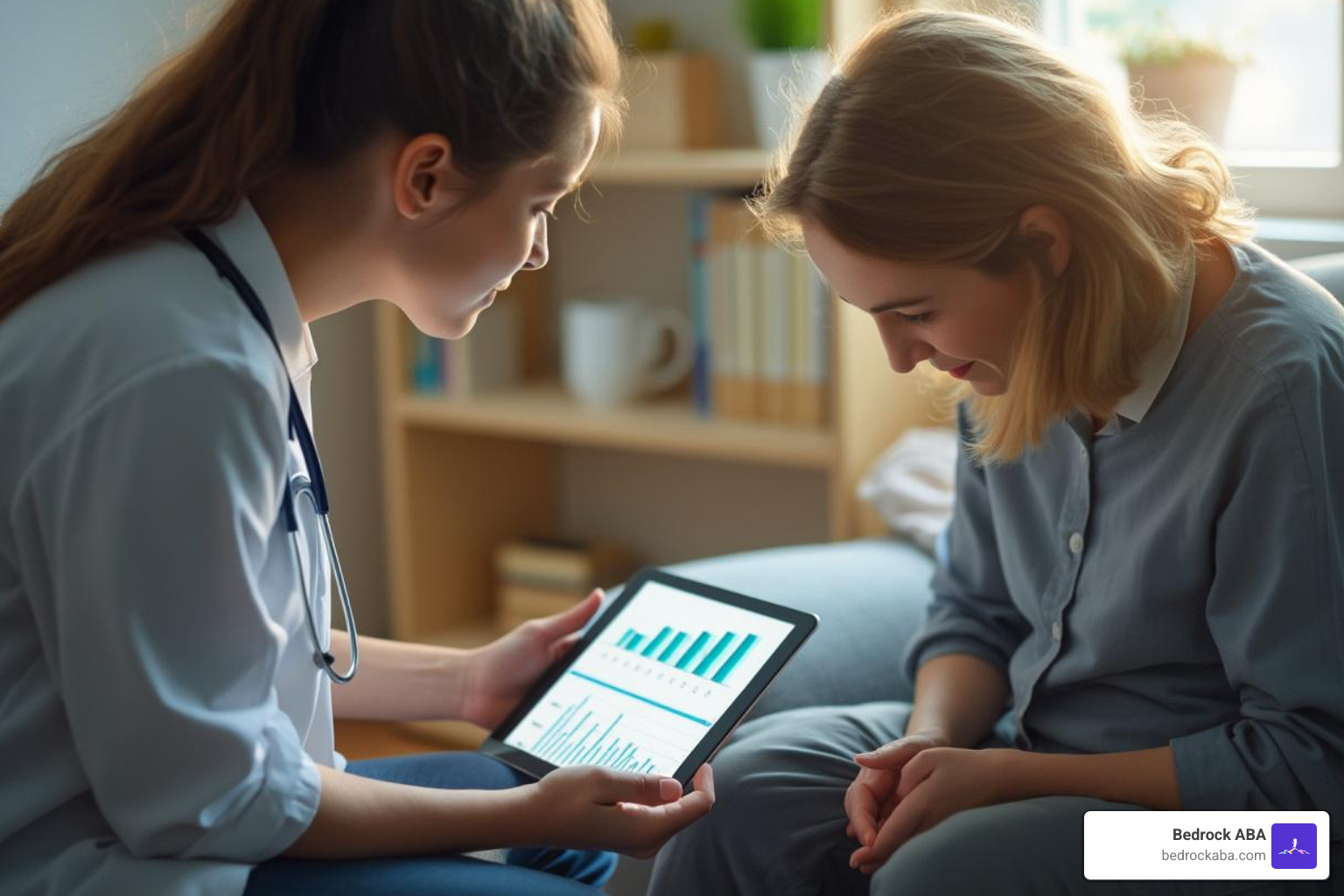 a therapist reviewing a data chart on a tablet with a parent - aba therapy for children