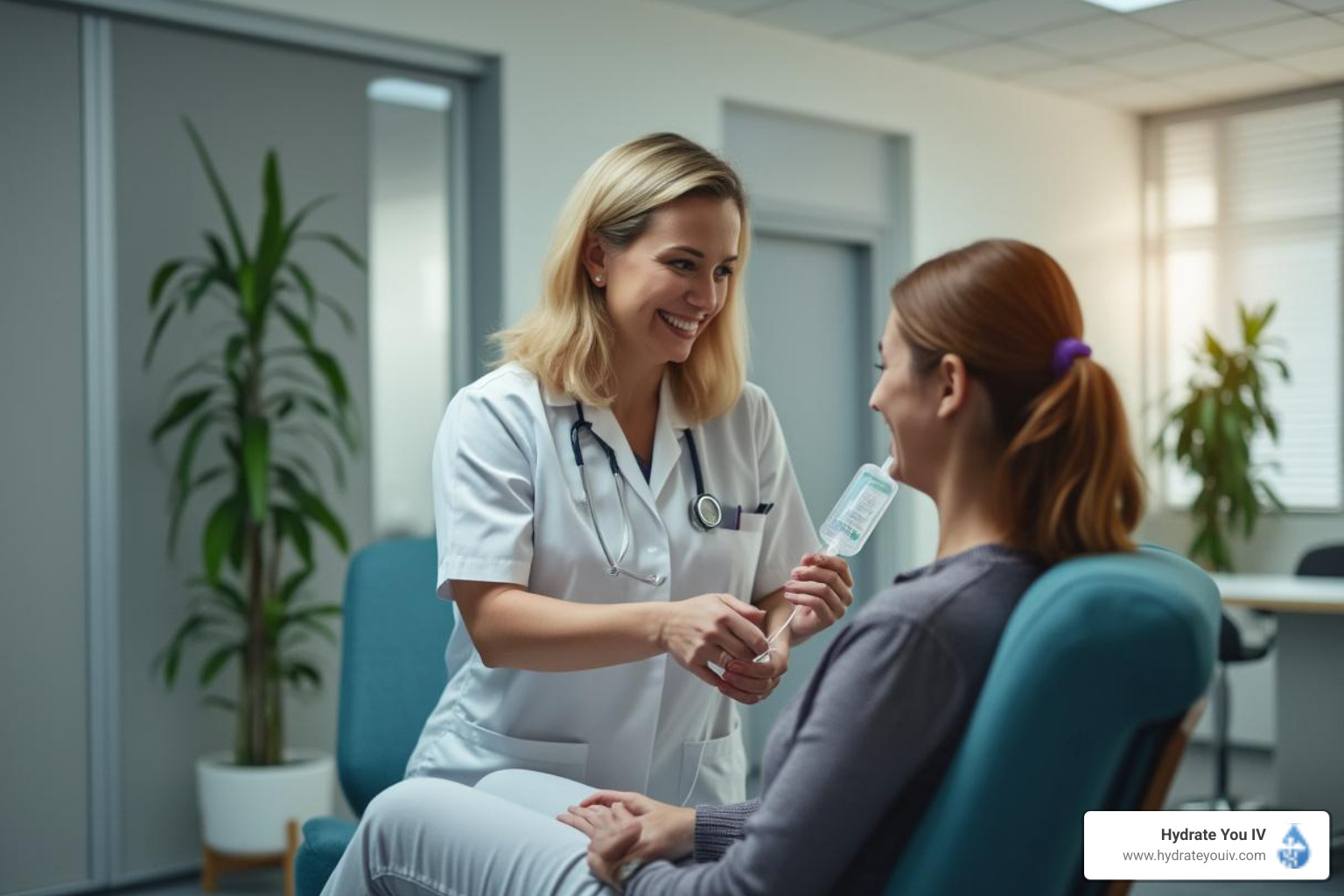 Friendly nurse administering an IV drip to a client in a modern office setting - iv infusion okc