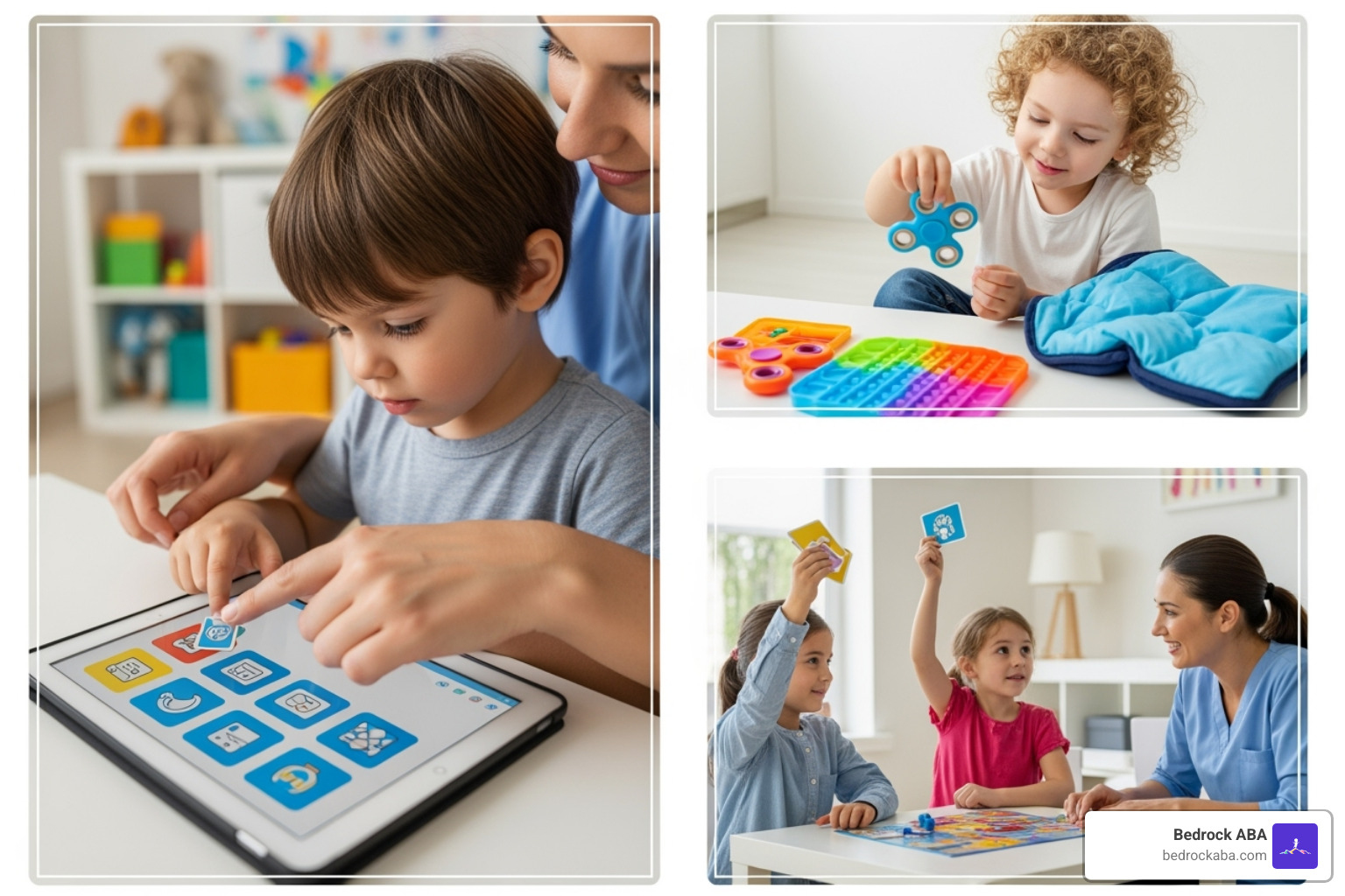 collage showing different ABA therapy activities: a child using a tablet for communication, another playing with sensory toys, and a third interacting in a group - autism therapy near me